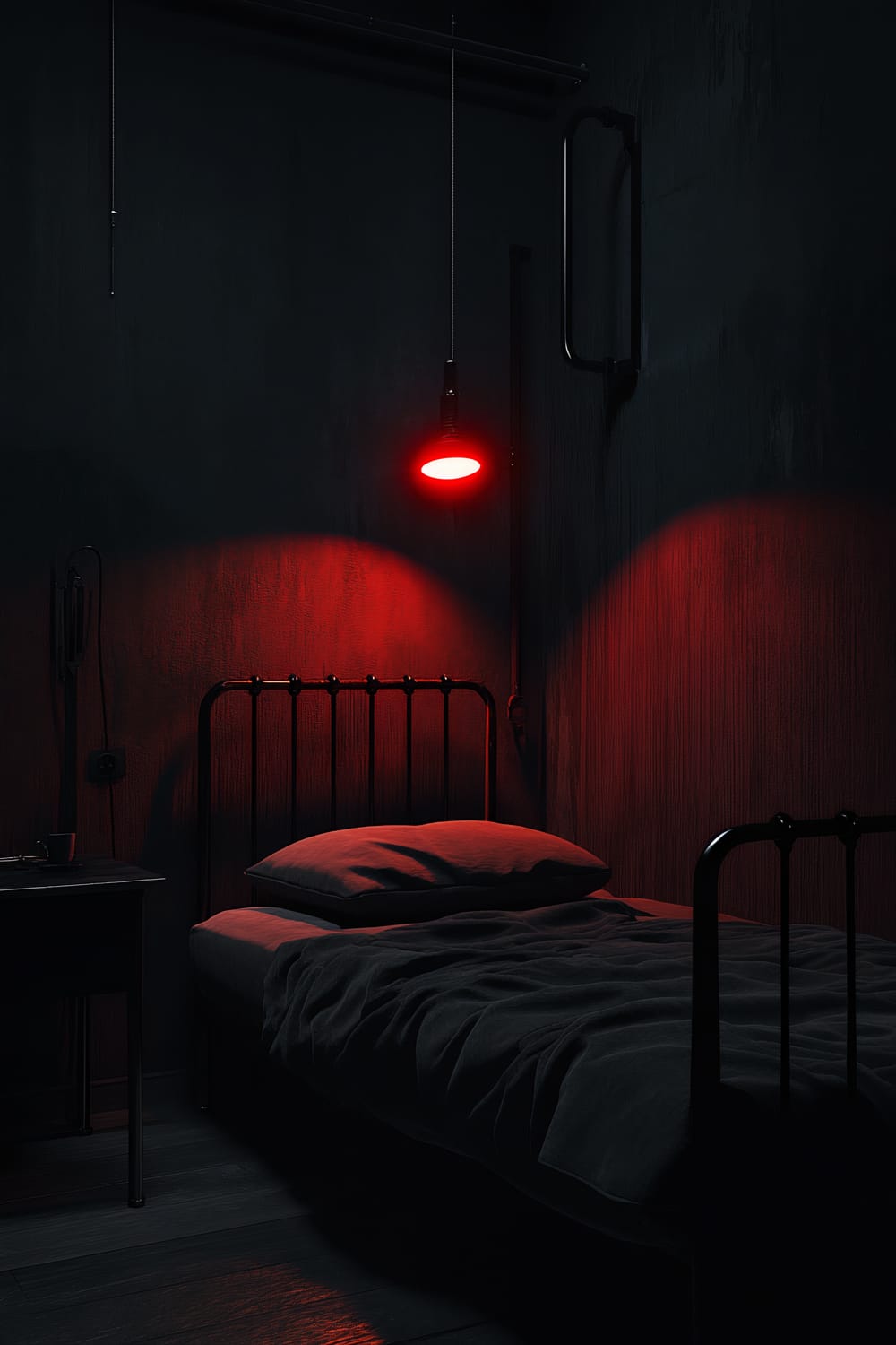 A dark-themed room featuring a black metal bed frame illuminated by a red spotlight above it. The bed has dark bedding, and there is a black minimalist desk with a single lamp to the side. The walls are deep charcoal, contributing to a moody and intense atmosphere. The decor is sleek and uncluttered.