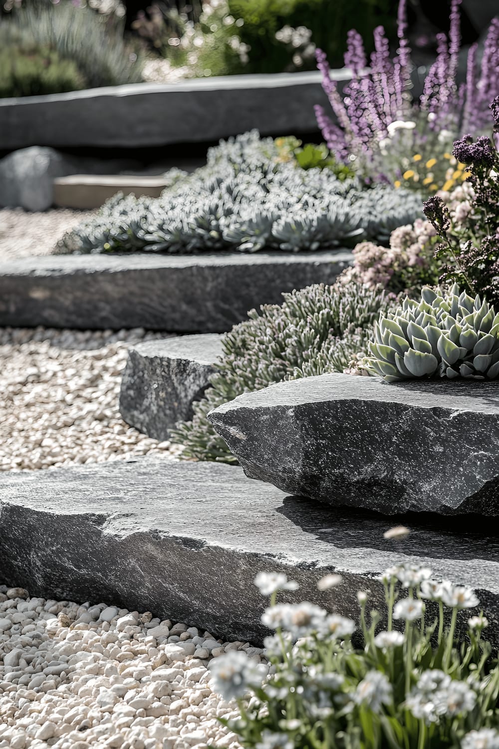 A stylish modern rock garden displaying layered botanical architecture with low cover of sedums and sempervivums, mid-height alpines like edelweiss and saxifrages, and tall agaves and ornamental grasses like blue fescue adding height. The garden shows sleek granite rocks with minimalist gravel pathways with bright natural lighting highlighting the varied textures and striking colors.