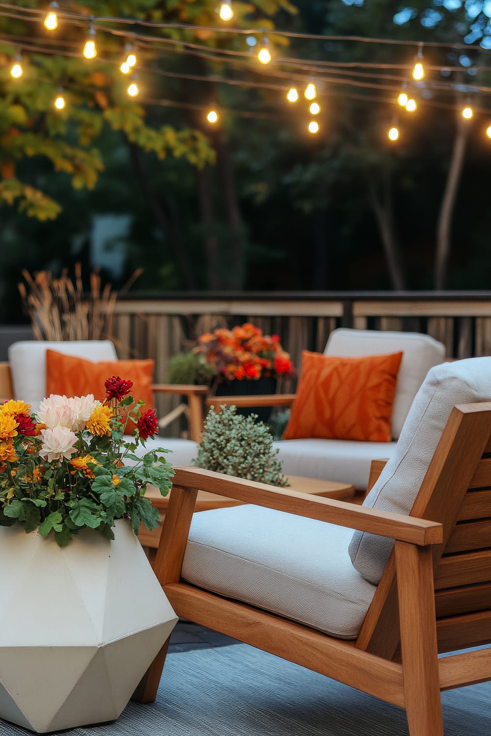 An outdoor patio setting illuminated by warm string lights hanging overhead. The seating area features wooden chairs with white cushions and orange accent pillows. A geometric planter is filled with colorful flowers and greenery, adding a touch of nature to the scene. In the background, the wooden railing and trees are visible, giving a sense of peaceful seclusion.