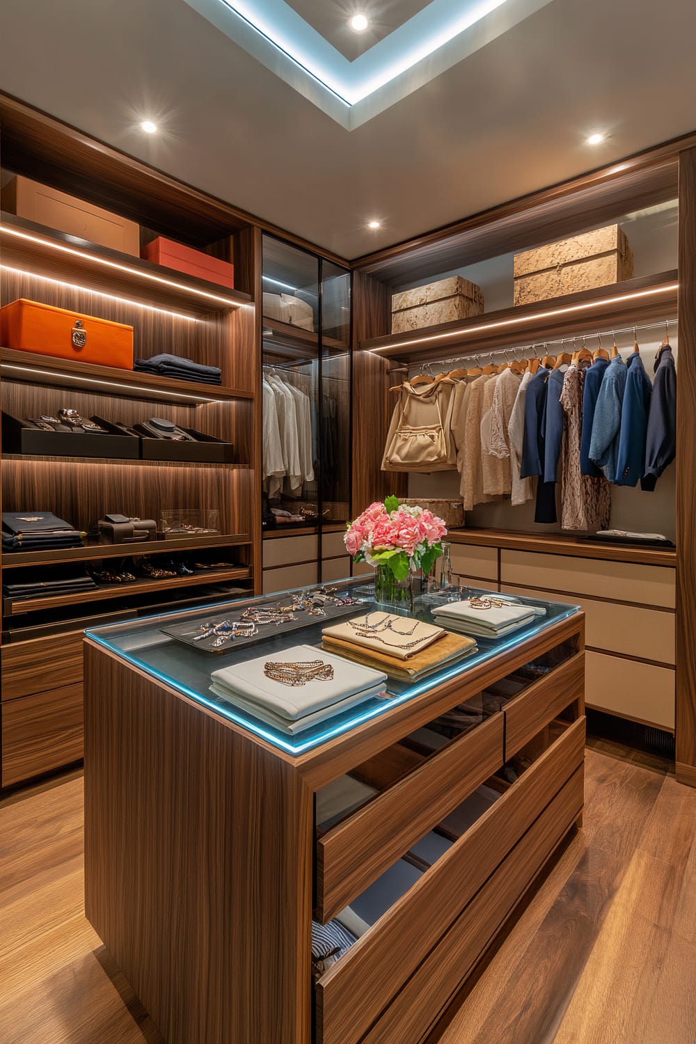 A luxurious walk-in closet featuring a wooden island with a glass surface displaying jewelry, surrounded by built-in wall storage with clothes, accessories, and shelves. The space is illuminated by recessed lighting on the ceiling top, with a bouquet of pink flowers on the island.