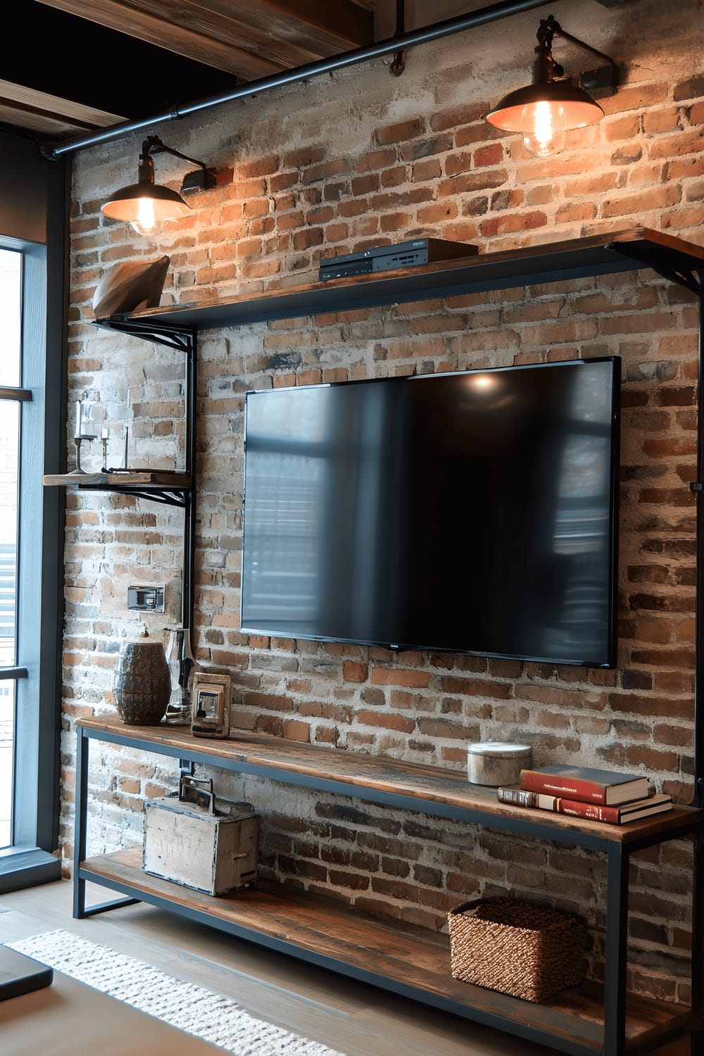 A television wall decorated with exposed brick and metal accents. The wall hosts a flat-screen TV surrounded by simple metal shelving bearing sparse decor objects. Warm Edison light bulbs offer a gentle illumination against the raw brick texture, presenting a contemporary edge.