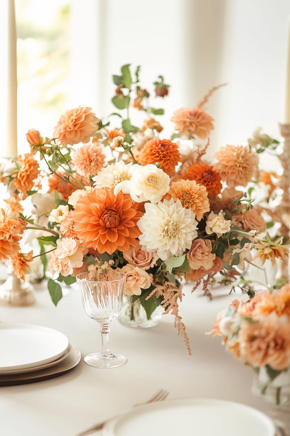 A beautifully arranged centerpiece featuring a mix of orange, peach, and white flowers, including dahlias and roses, on a dining table. The table is set with white plates, gold chargers, and elegant crystal glassware. The background is softly lit, creating a warm and inviting atmosphere.