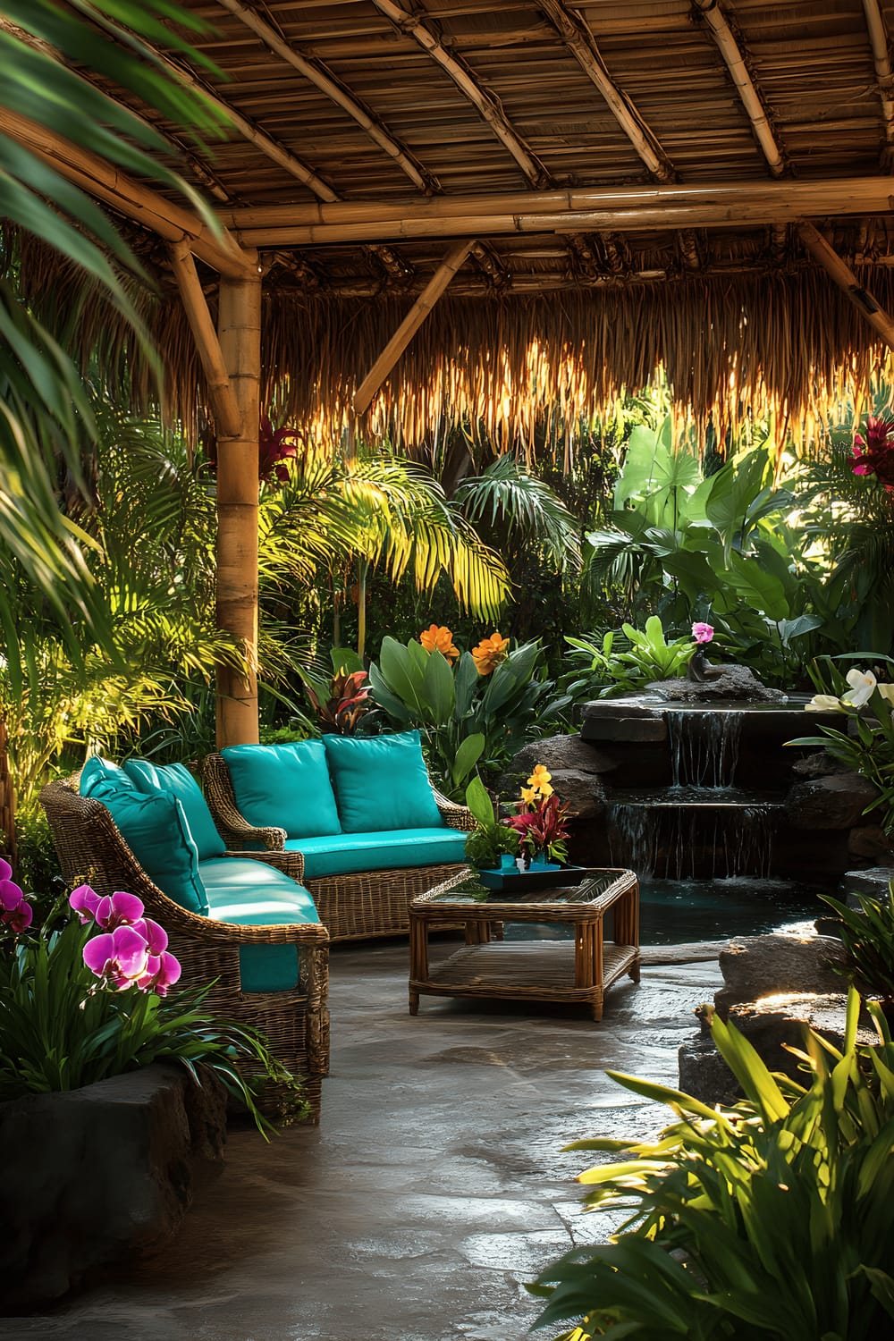 A tranquil outdoor patio showcasing Balinese-inspired decor. The area features a thatched roof pergola, bamboo furniture, and a comfortable teak lounge set accentuated with bright turquoise cushions. A stone water fountain is surrounded by lush banana plants and vibrant orchids. The setting sun casts a warm, golden hue, filtering through palm fronds and enhancing the exotic, tropical ambience.