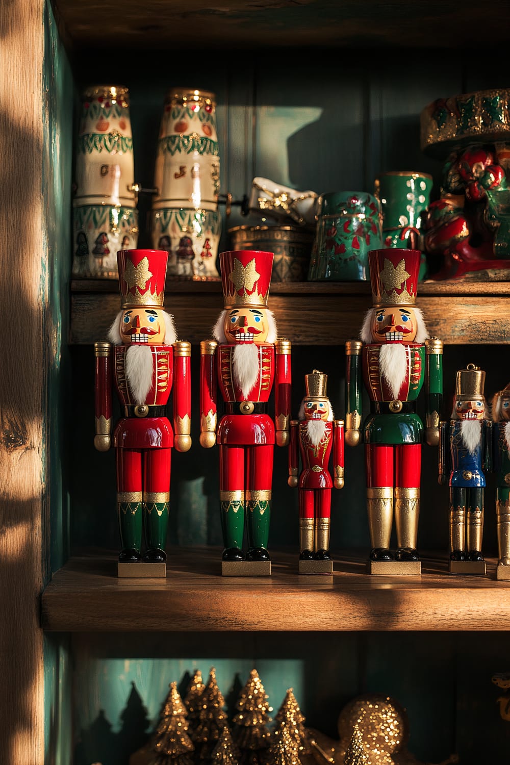 Image of a collection of nutcracker figurines in varying sizes displayed on a wooden shelf, with additional festive decorations around them.