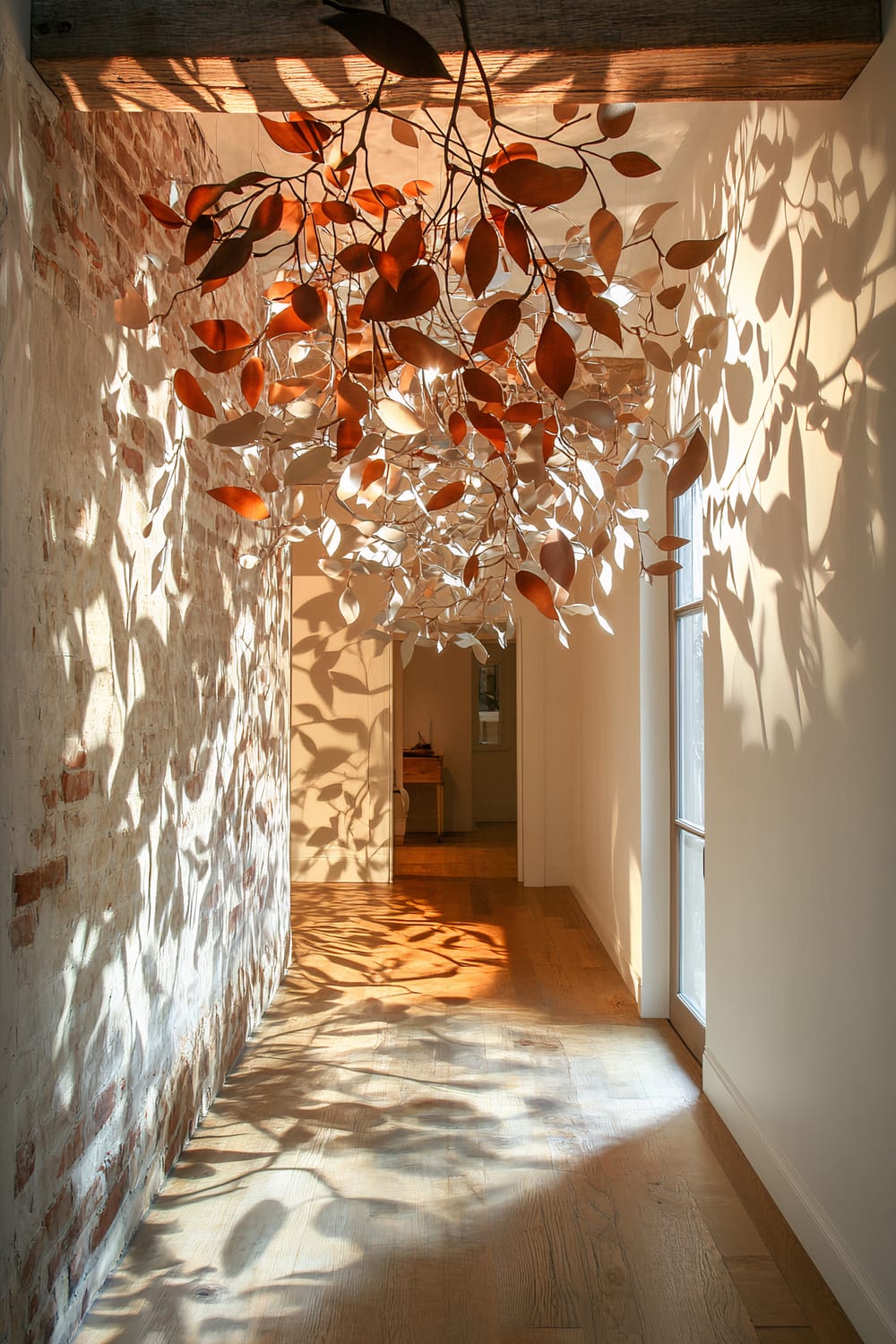 A hallway with a rustic brick wall on the left and a smooth white wall on the right is illuminated by natural light streaming in from the end of the corridor. A decorative ceiling installation made of branches with metal leaves casts intricate shadows on the walls and wooden floor, creating an artistic play of light and shadow.