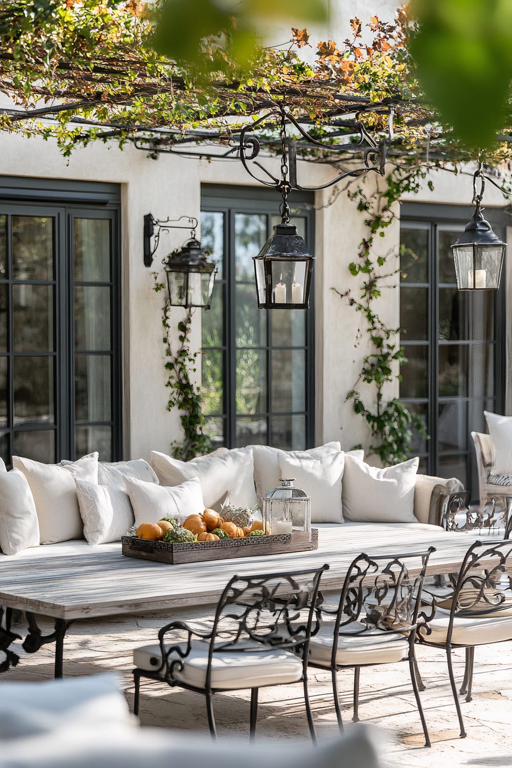 An outdoor patio featuring a long wooden table adorned with a tray of oranges, greenery, and a lantern. The table is surrounded by chairs with intricate metalwork and cushioned seats. Overhead, black metal lanterns with candles hang from a pergola with trailing green vines. Behind the table, a wall of white-colored window panels, framed in dark gray, is partially covered in climbing plants with green and autumn-colored leaves.