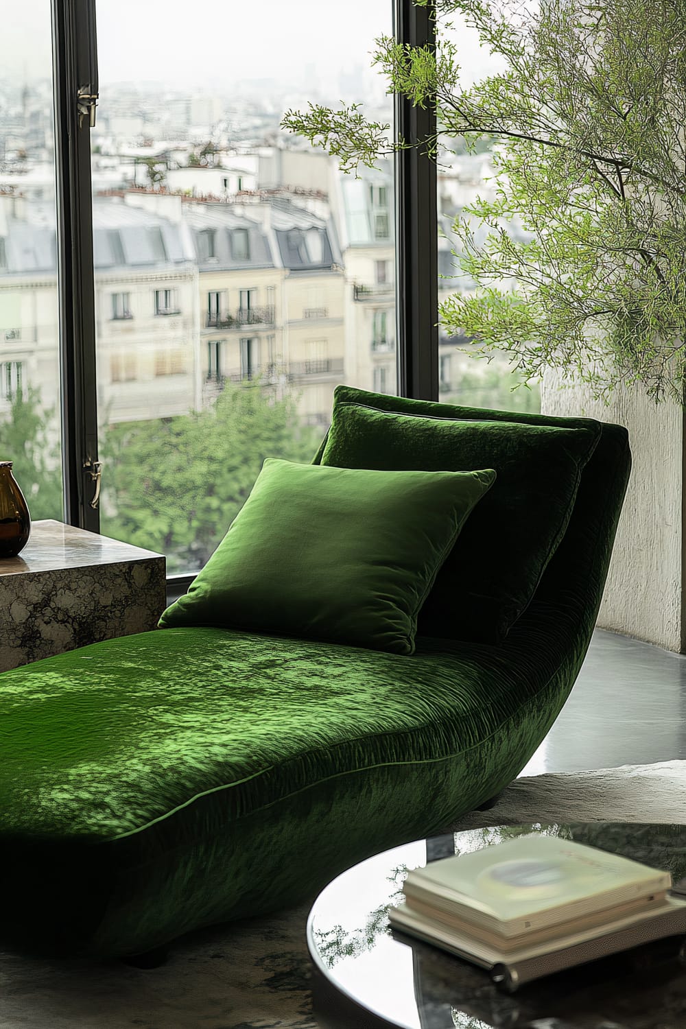 A Parisian apartment with a green chaise longue by the window overlooking rooftops. The room includes a sleek coffee table, minimalist decor, and ample natural light. Floor-to-ceiling windows offer a panoramic city view and a small tree is seen by the window.