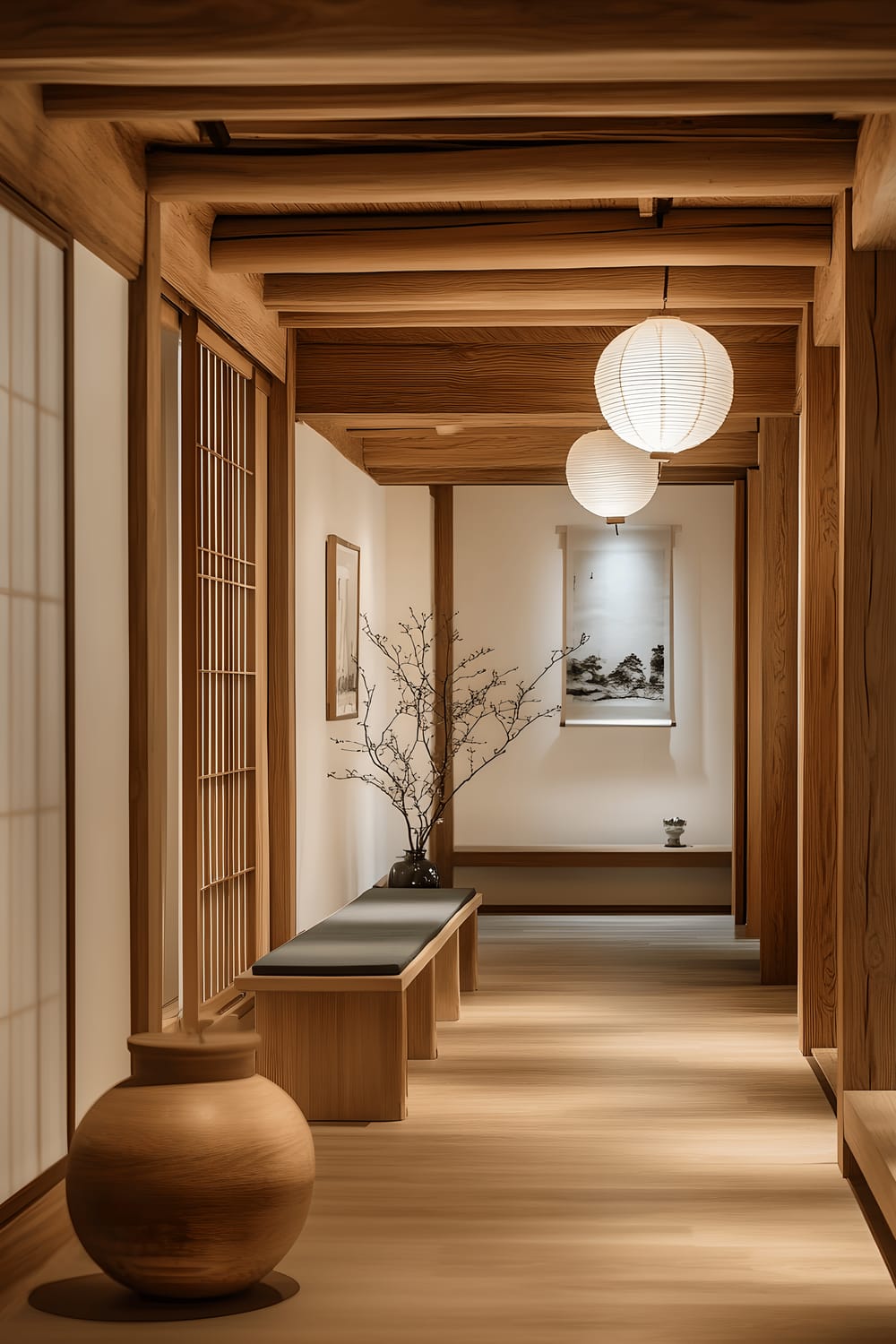 A peaceful and culturally rich interior blending traditional hanok elements with modern design. It features wooden beams and sliding doors, soft natural lighting emanating from paper lanterns, a color palette dominated by natural wood tones and delicate undertones. Minimalistic furniture is arranged harmoniously, adding to the tranquility of the space.