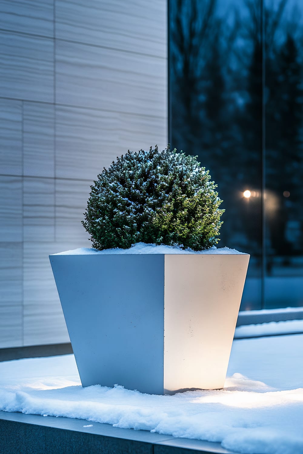 A modern geometric planter made of matte white concrete containing a compact Boxwood topiary, partially covered in snow against a minimalist snowy backdrop. The planter is spotlighted with cool blue outdoor lighting, creating sharp shadows and emphasizing the planter's geometric lines. The dark green boxwood contrasts with the white planter and snow.