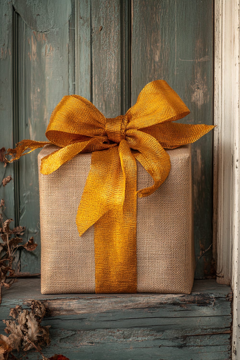 A single large gift box wrapped in burlap with a bright metallic gold bow sits on a rustic wooden porch step. The background features a weathered wooden wall with a subdued beige color. The side lighting dramatizes the texture of the burlap wrapping, creating a vibrant and striking contrast against the muted surroundings.