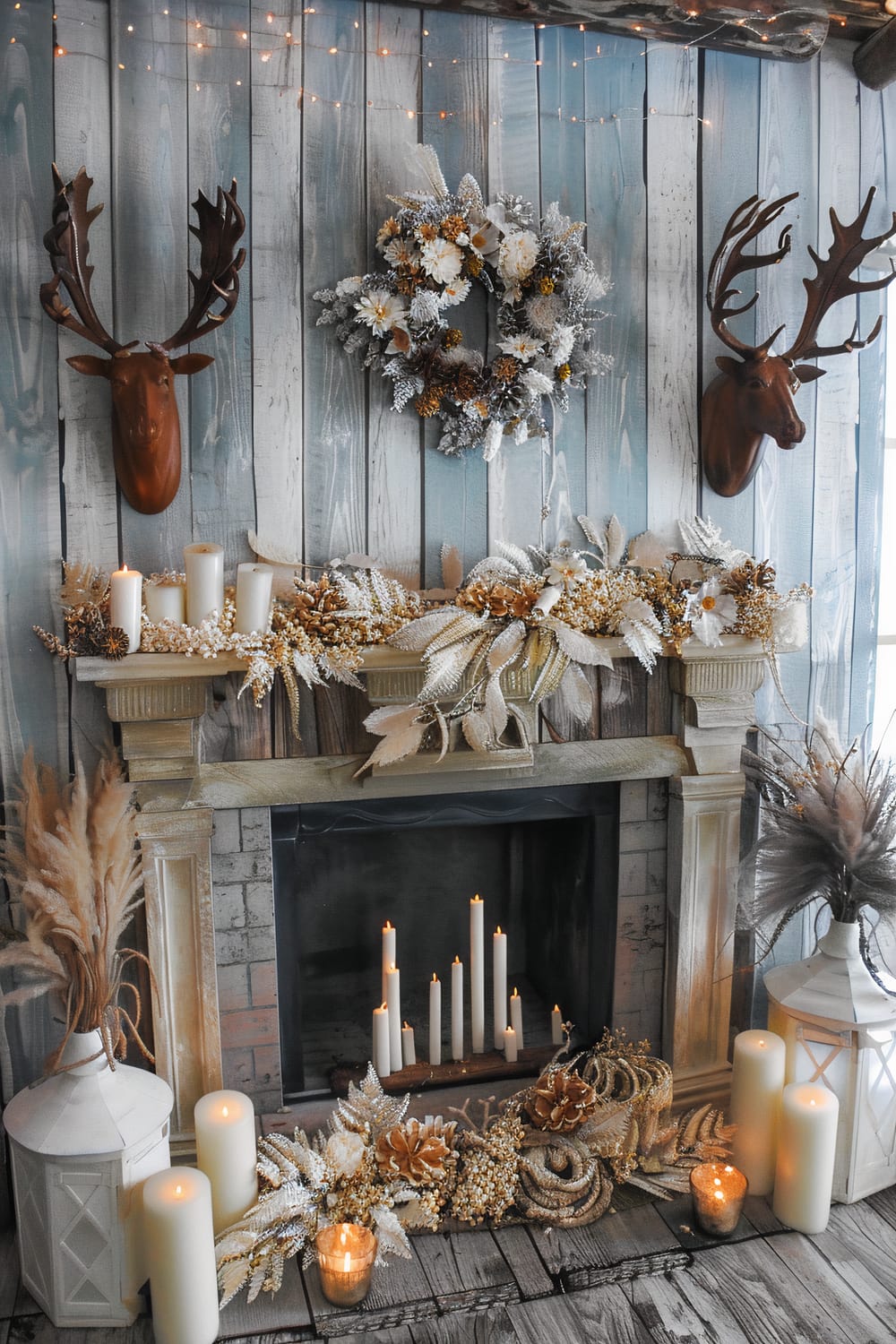 Rustic living room decorated for a holiday season. The fireplace mantle is adorned with white and gold foliage, pinecones, and ivory candles of varying sizes. A festive wreath hangs in the center above the mantle, flanked by two mounted deer head sculptures. Ambient string lights illuminate the scene, casting a warm glow. White lanterns and additional candles are placed around the fireplace, enhancing the cozy atmosphere.