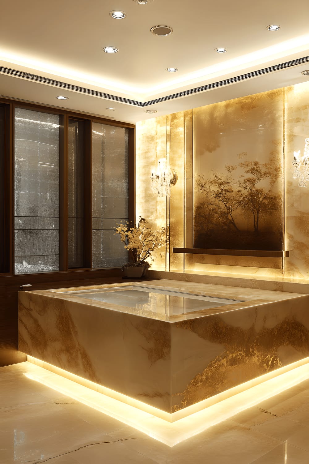 A sophisticated master bathroom featuring an expansive vanity topped with polished marble, flanked by two elegant golden lamps. A large, ornate mirror hangs over the vanity, reflecting the warm, ambient lighting from a golden chandelier. Through a glass divider, there is a spacious wet room with a freestanding tub and elegantly curtained window. Traditional Korean artwork completes the refined cultural experience of this opulent retreat.