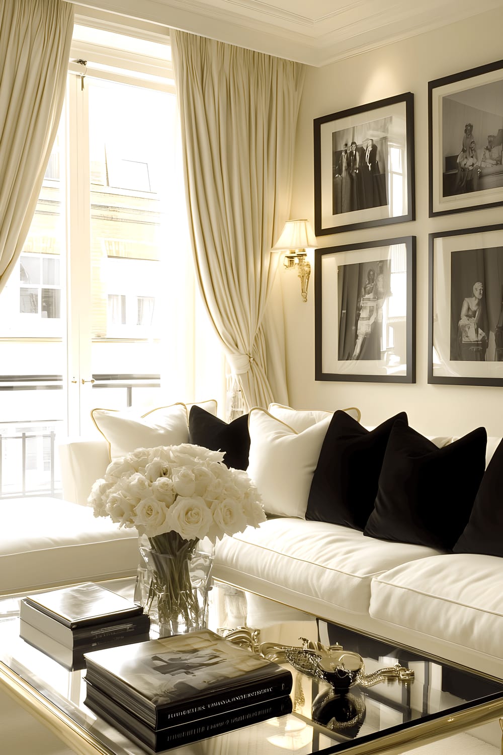 A luxurious living room in a South Kensington flat with a sleek white sofa, a glass coffee table with golden details, classic black-and-white wall photographs, and elegant wall sconces for lighting. The room is lit with natural light coming through floor-to-ceiling windows dressed in elegant drapes.