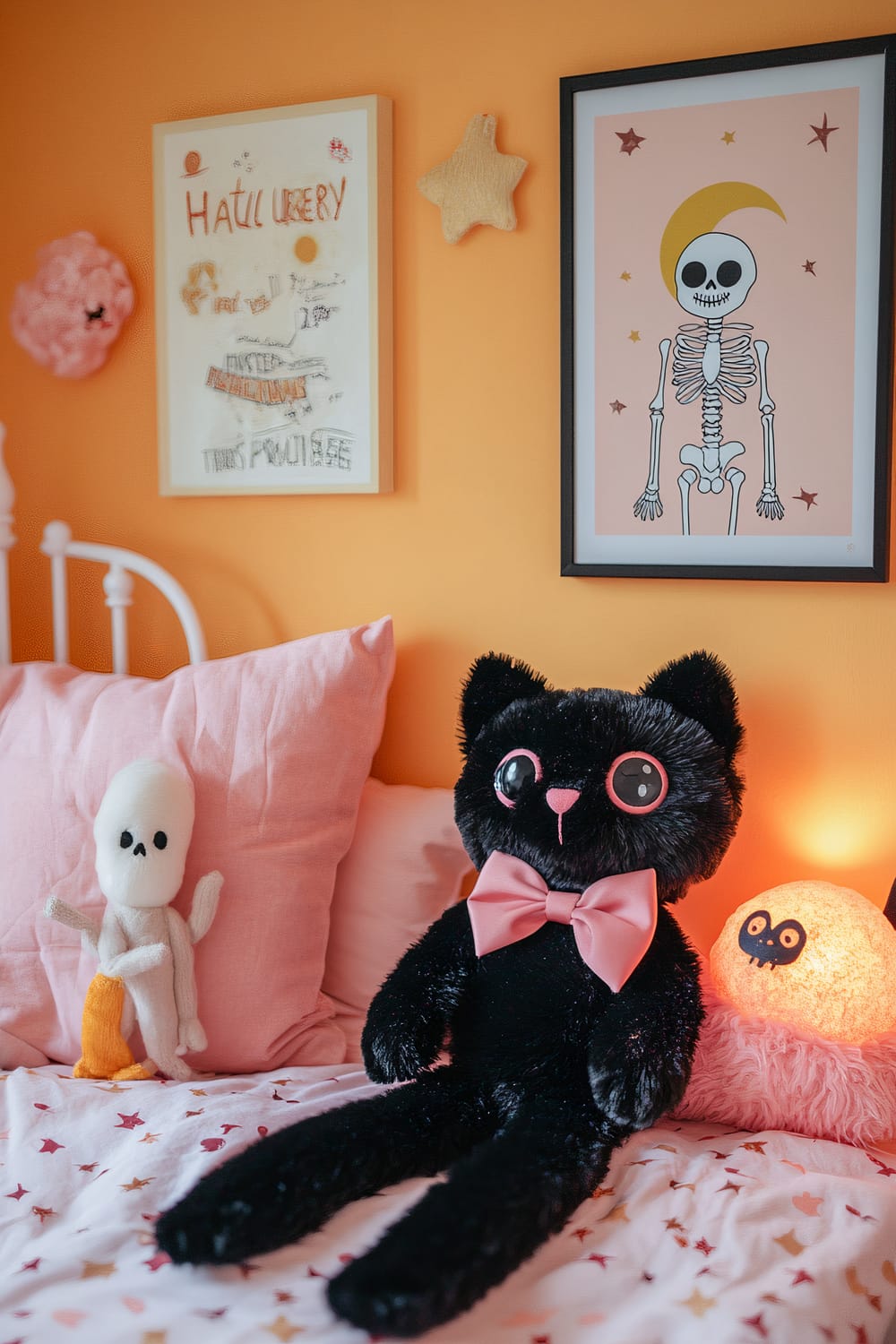 A cozy bedroom scene with an orange wall adorned with playful and colorful artwork. On the bed with pink bedding, there are several plush toys including a black cat with a pink bow, a ghost, and a round glowing lamp with a spooky face.