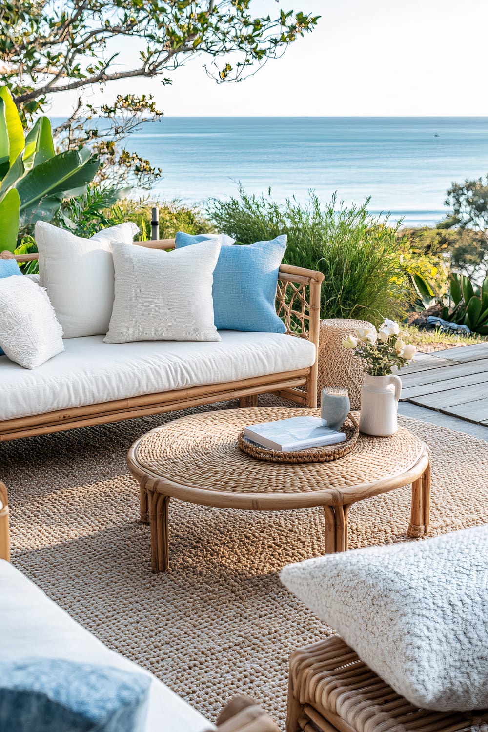 Outdoor seating area overlooking the ocean, featuring a light-colored wicker sofa with white and blue cushions. In front of the sofa is a round wicker coffee table with books and ceramic items atop. The area includes a woven rug, greenery, and colorful plants with the blue ocean and clear sky in the background.