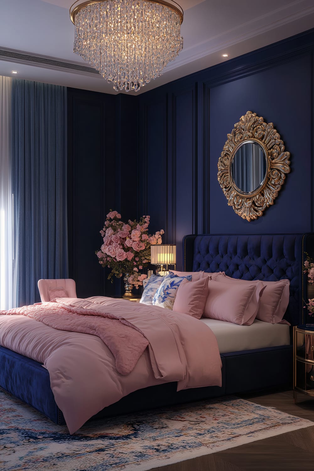 An opulent bedroom scene featuring a luxurious and ornate chandelier hanging from the ceiling. The bed is dressed in plush pink bedding with a tufted blue headboard, complemented by a gold-framed mirror on the dark blue wall. A vase of pink flowers is placed beside the bed, and a soft rug lies beneath. Floor-to-ceiling curtains add elegance to the space.