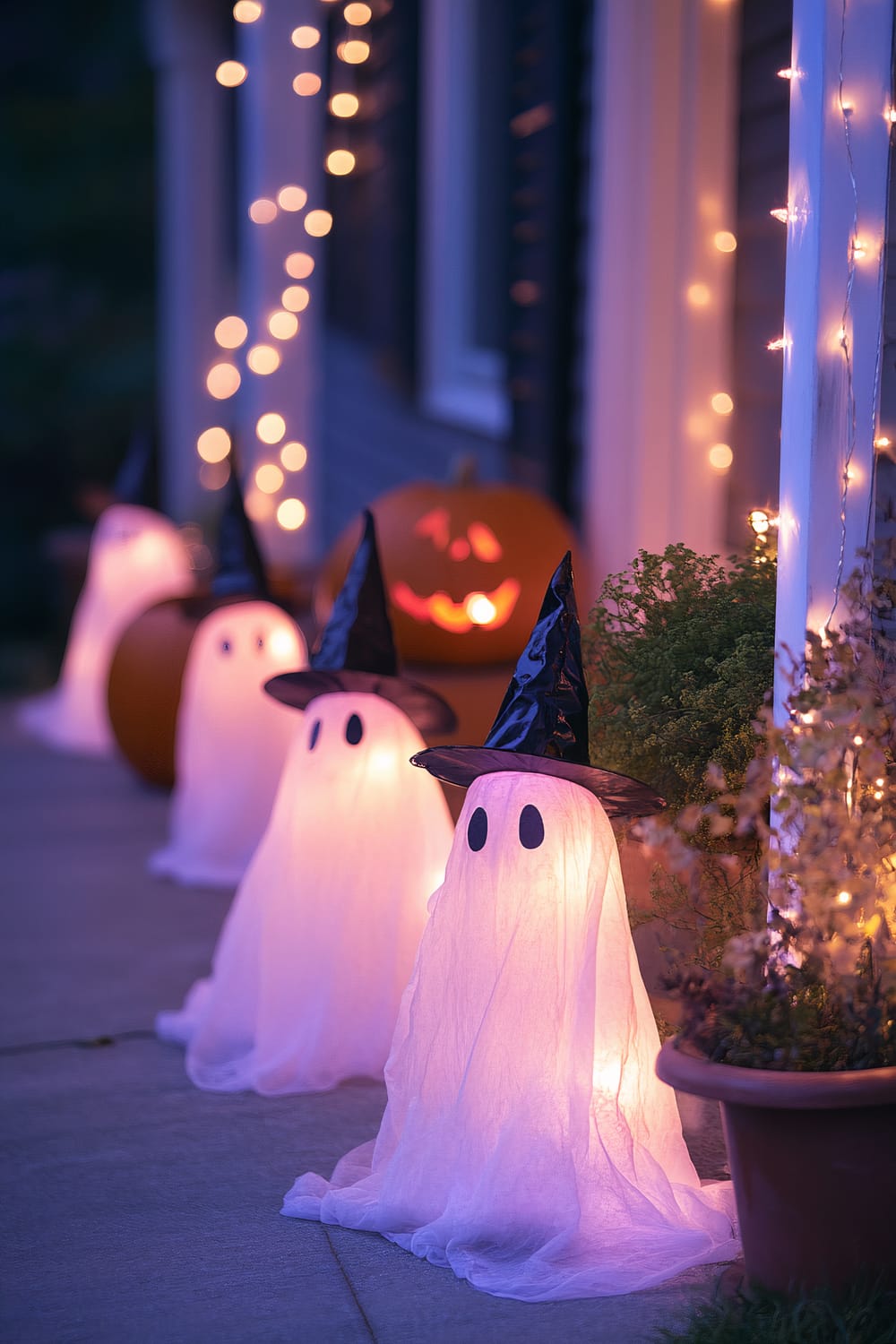 A nighttime outdoor scene featuring Halloween decorations. Three small ghosts illuminated from within and adorned with black witch hats are positioned in a row along a sidewalk. There is a carved jack-o'-lantern glowing in the background, and the surroundings are strung with warm, white string lights, giving a festive, spooky ambiance.