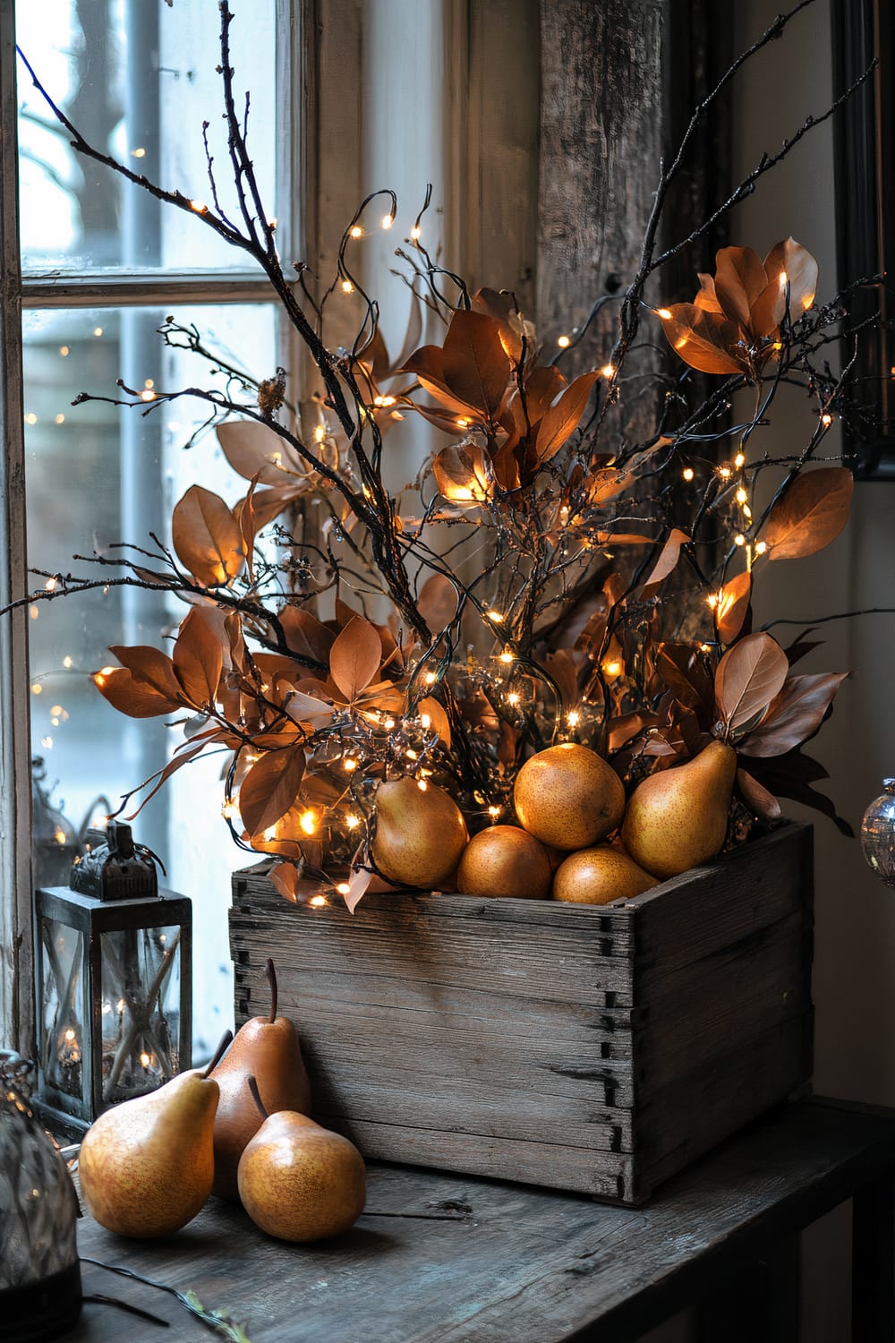 A rustic wooden crate filled with ripe pears and decorated with luminous string lights intertwined with brown leaves and twigs, placed on a weathered wooden table by a window. Some pears are also scattered on the table. A lantern with a candle inside sits beside the crate, enhancing the cozy autumn ambiance.