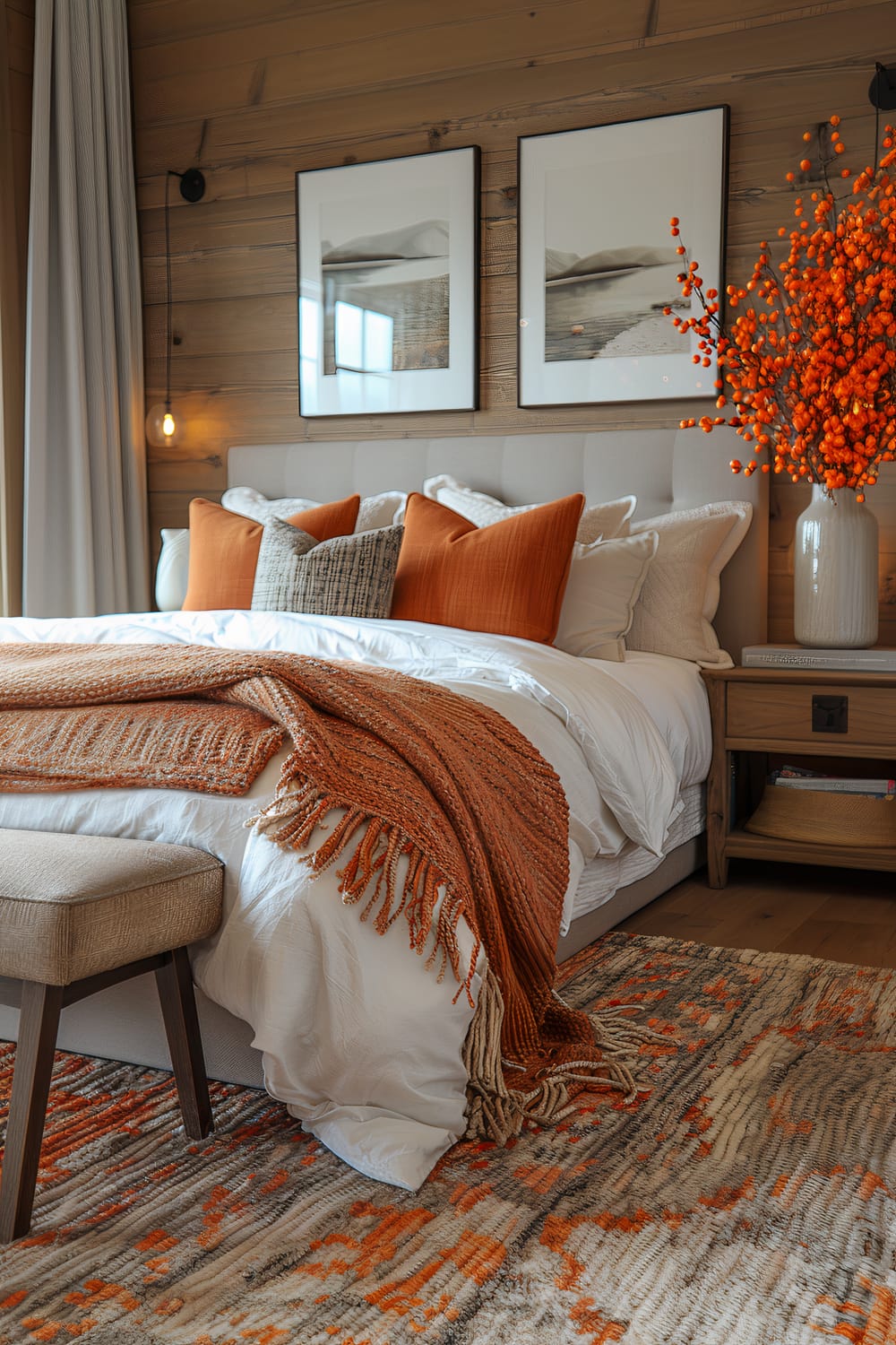 A cozy bedroom featuring a wooden accent wall with two framed black-and-white landscape photos hung above the bed. The bed has a white duvet with multiple pillows in shades of burnt orange, white, and beige. An orange throw blanket is draped over the foot of the bed. To the right is a nightstand with a vase filled with orange berries. The floor shows an abstract designed rug with pops of orange.