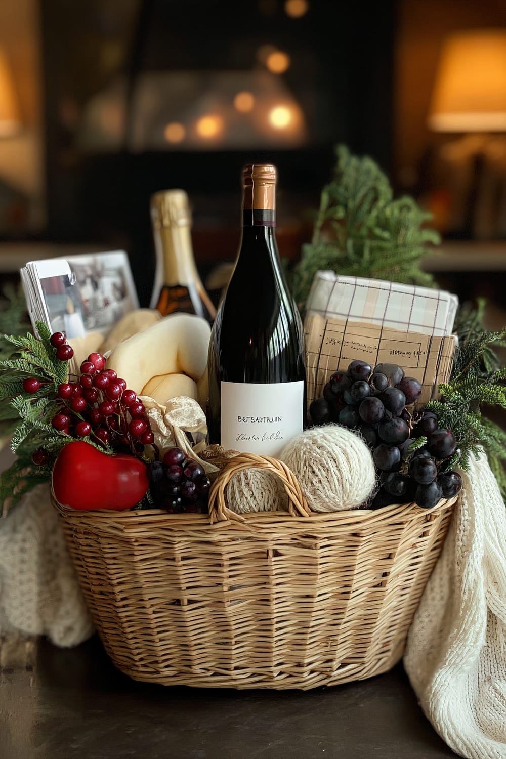 Wicker basket filled with an assortment of items including a bottle of wine, a bottle of champagne, two wrapped books, knitting yarn, faux fruits and berries, and greenery. The photo has a warm and inviting ambiance with a soft-focus background of a lit fireplace and table lamps with warm tones.