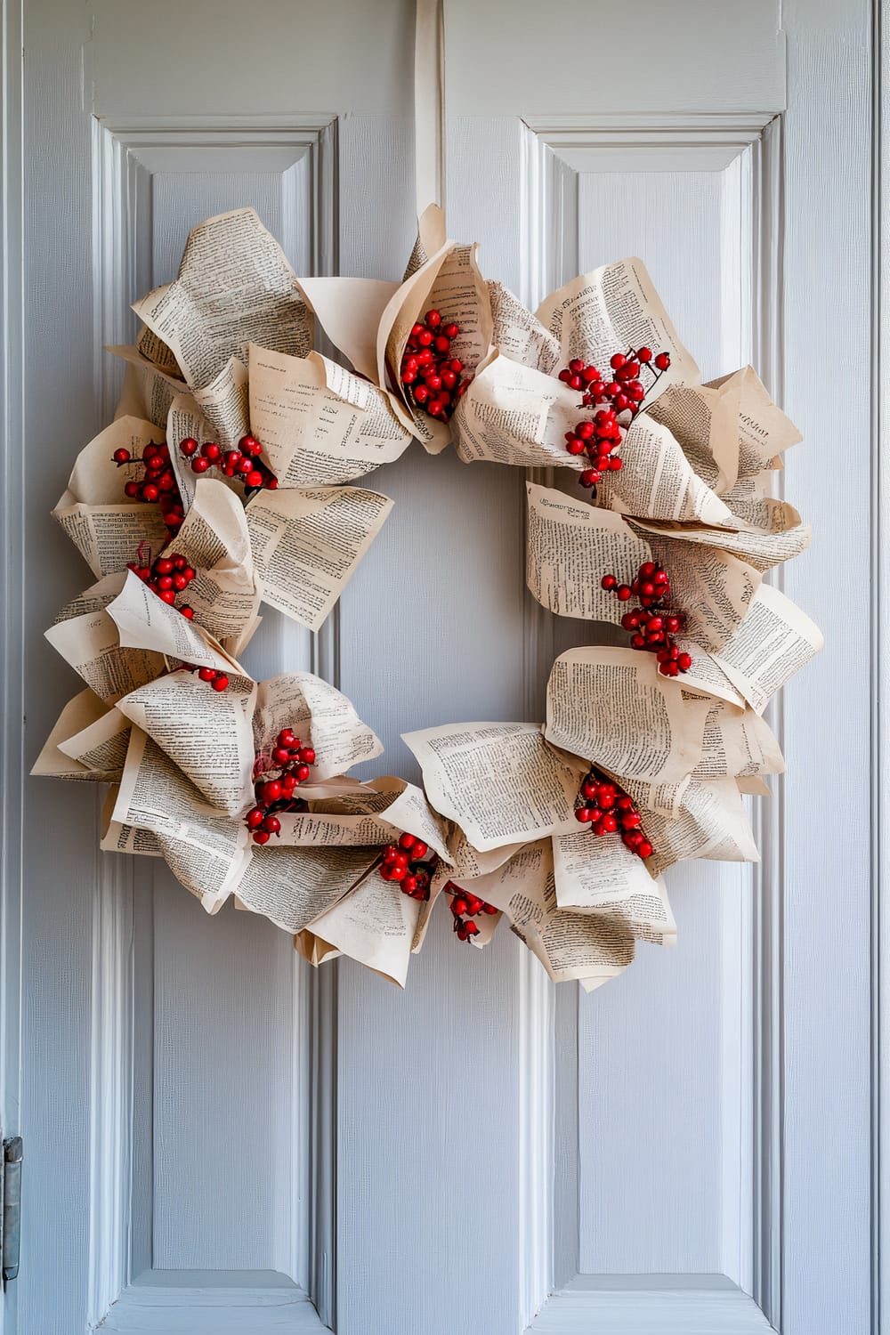 A decorative wreath made of old book pages and red berries hangs on a light grey paneled door. The pages are folded in a petal-like shape, forming a circular arrangement interspersed with clusters of red berries, adding a touch of color and festivity to the design.