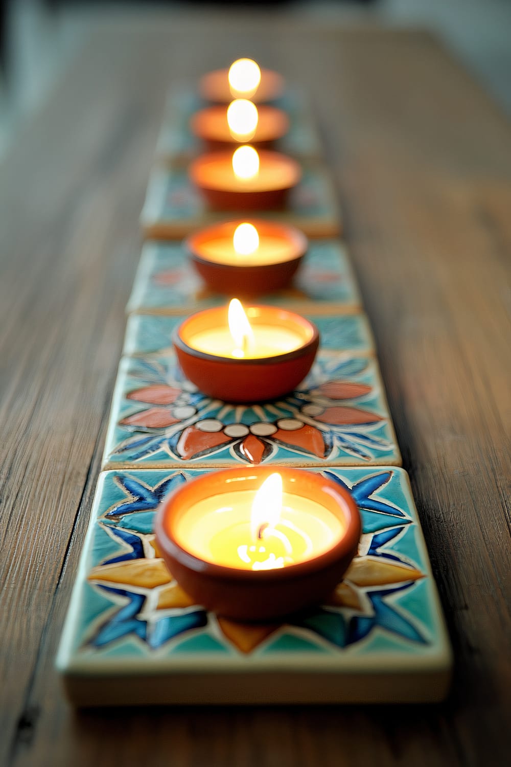 A close-up view of a handcrafted table centerpiece featuring three vibrant ceramic tiles with intricate geometric patterns in teal, orange, and blue. Each tile supports a small terracotta tealight holder with a lit candle, casting warm glows onto the reclaimed wooden table surface.