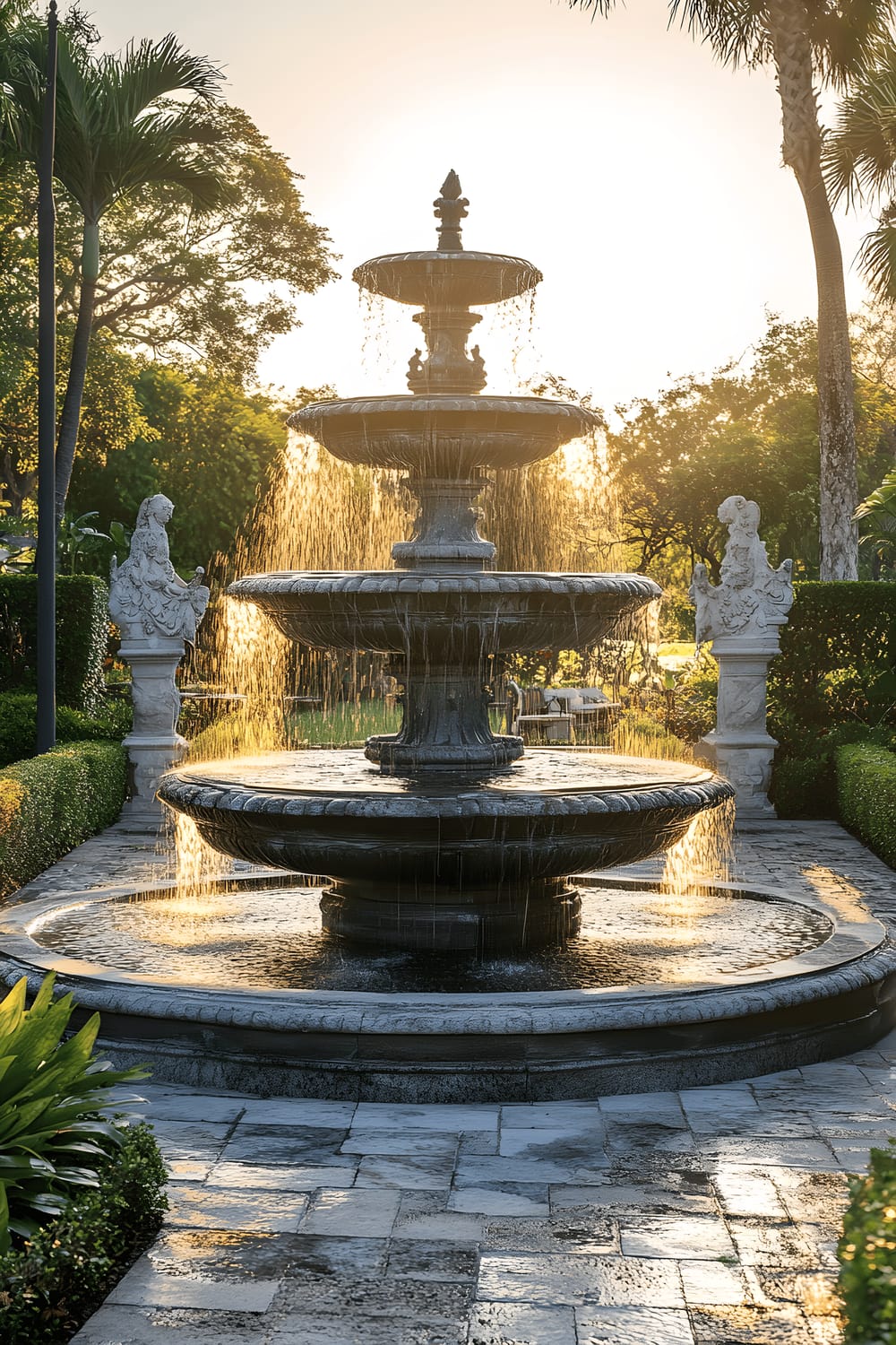 A luxurious backyard featuring a grand multi-tiered marble fountain, surrounded by a reflective pool that captures the fountain's ornate details and the surrounding lush greenery. Stone pathways and meticulously pruned hedges complement the area, creating a sophisticated ambiance. The image is captured during golden hour, enriching the scenery with a warm glow.