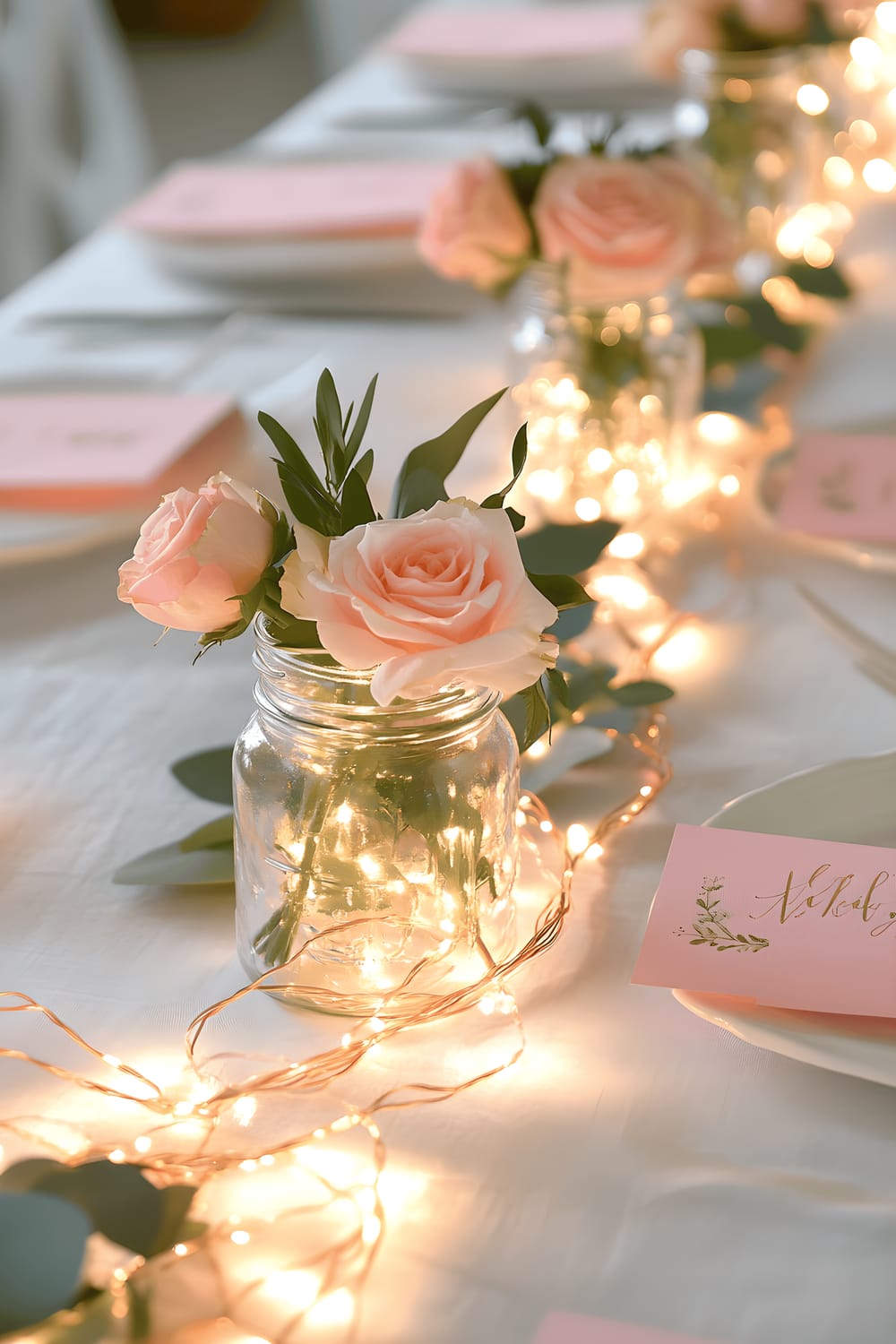 A beautifully set dining table for a Galentine's Day celebration. The tablecloth is pristine white, layered with a pink and gold floral runner. The table features elegant centerpieces comprising of fresh roses in mason jars intertwined with fairy lights. Personalized name cards are placed next to settings with matching pastel pink napkins neatly folded.