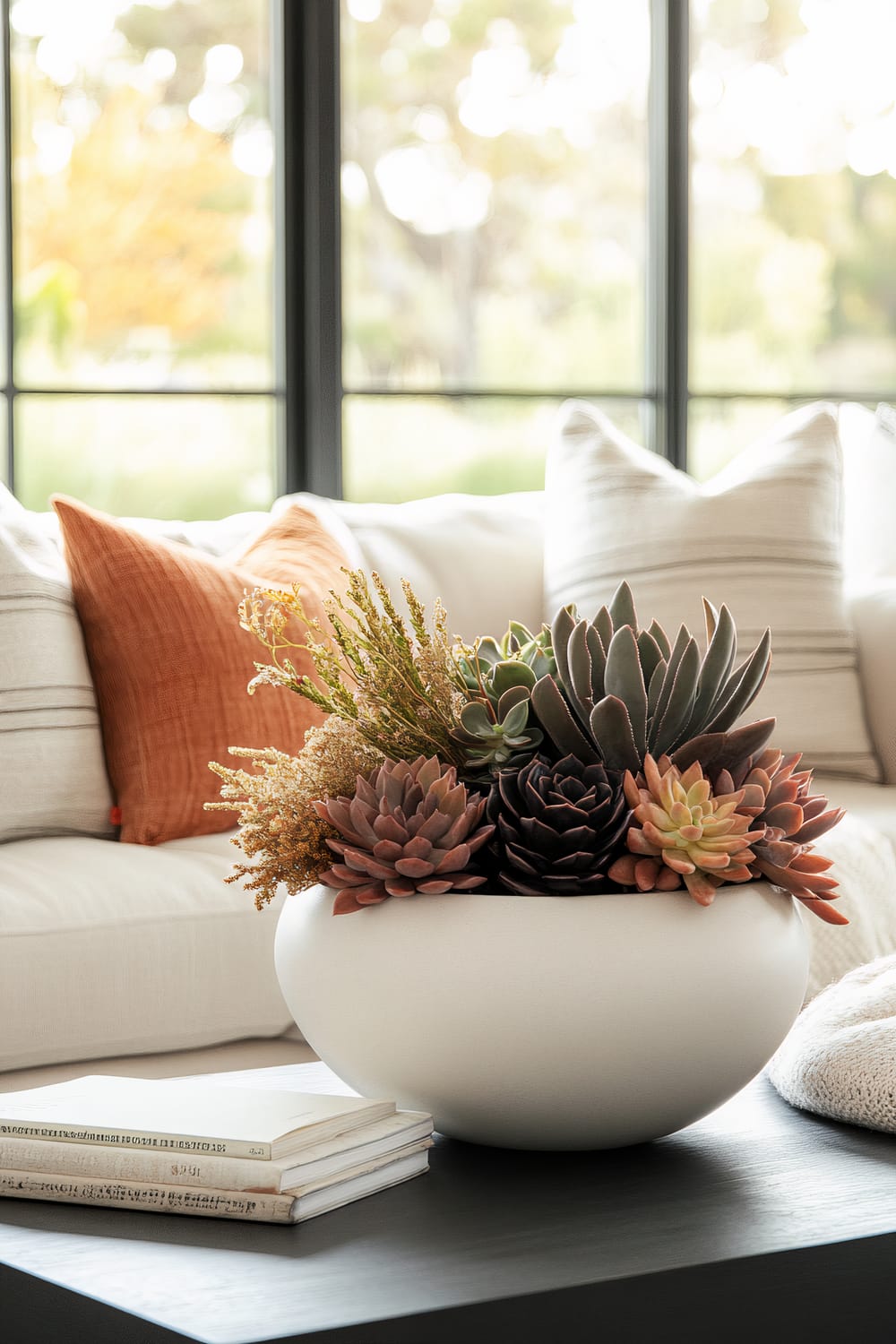 A living room scene featuring a white ceramic bowl filled with a variety of succulents, placed on a dark wooden coffee table. Behind the table is a white sofa with several decorative throw pillows in white and rust orange colors. Large windows with black frames provide a view of a blurred green and yellow garden outside.