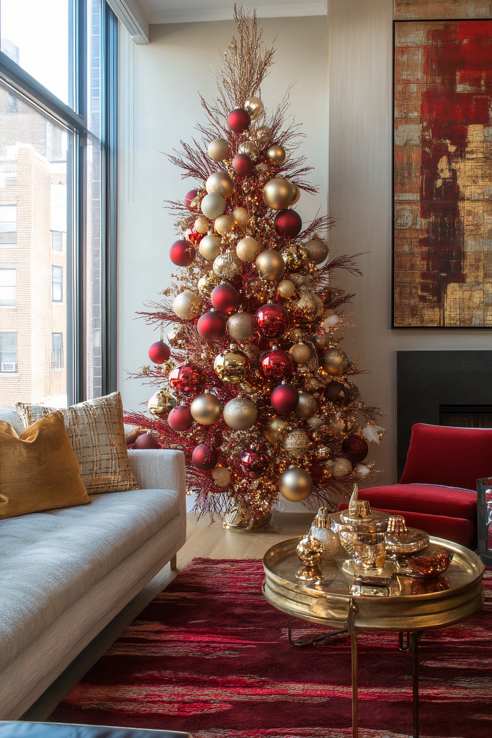 A festively decorated living room featuring a lavish Christmas tree adorned with an array of red and gold ornaments. The tree stands next to a large window that offers a view of neighboring buildings. Adjacent to the tree is a sleek gray sofa accented with gold pillows. A gold-toned circular tray table displays holiday decor, including gold baubles and small festive figurines. A vibrant red rug with abstract patterns covers part of the wooden floor and complements a deep red chair. A modern, abstract painting in warm hues of red and gold adorns the wall above a fireplace.