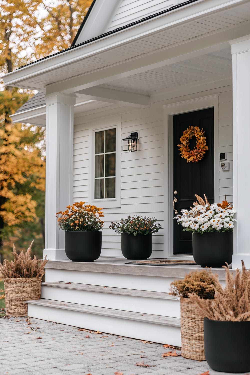 A welcoming front porch is decorated for fall with black planters filled with orange, white, and yellow flowers. The house is white with black trim, and the front door is adorned with a wreath made of fall leaves. A basket filled with dried foliage sits beside the steps.