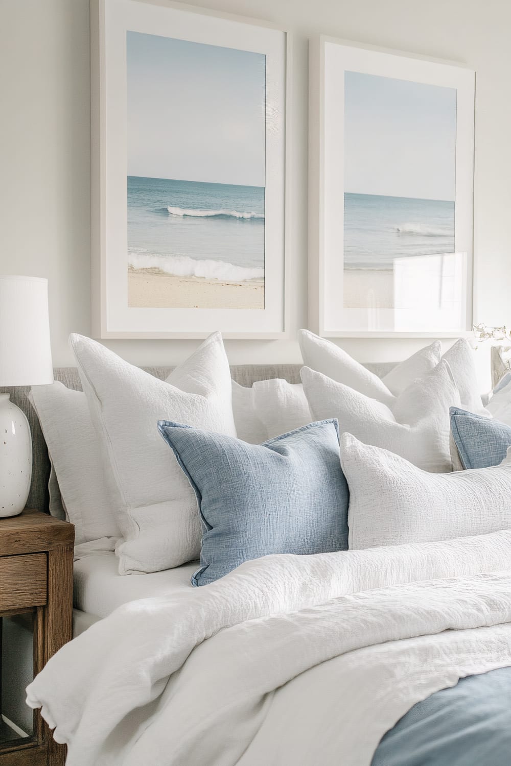 Bedroom scene with a serene, coastal aesthetic. The bed is adorned with an array of soft, white and light blue pillows, with a textured, white duvet and blanket. Two large, framed photographs of a sandy beach and ocean waves hang above the bed on the light-colored wall. A wooden nightstand with a white ceramic lamp is positioned to the left of the bed.