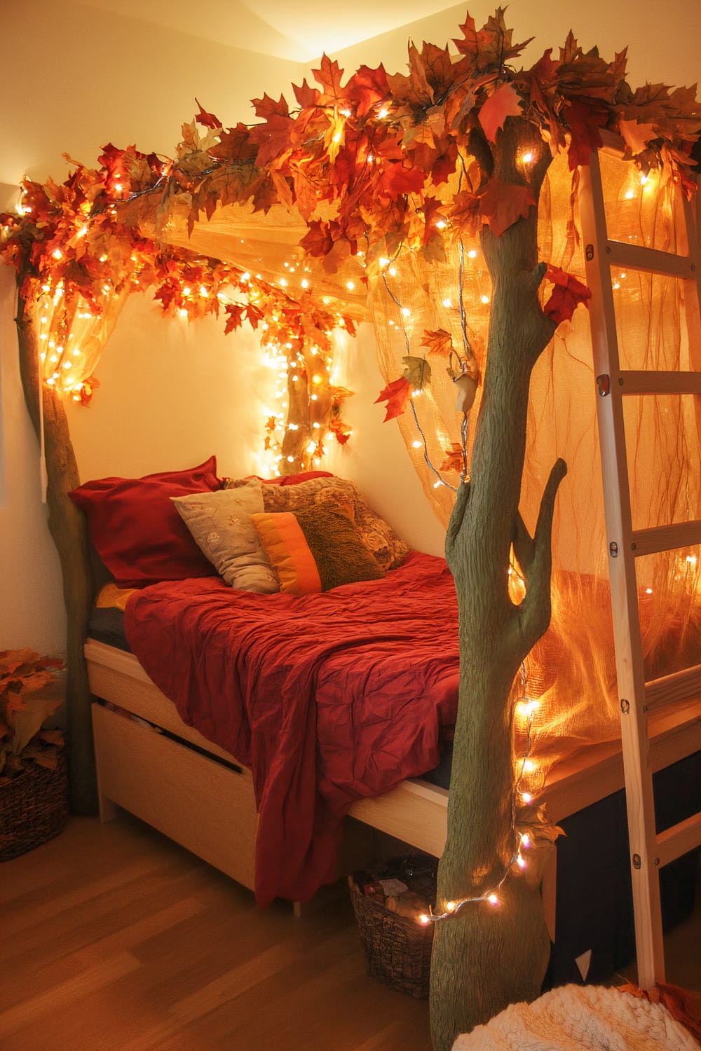 A bedroom with a nature-inspired decor featuring a bed surrounded by tree-shaped bedposts with leaf-like decorations and fairy lights. The bed has red and brown bedding with multiple decorative pillows. The room is softly illuminated by the fairy lights wrapped around the bedposts and hanging from the leaf canopy.