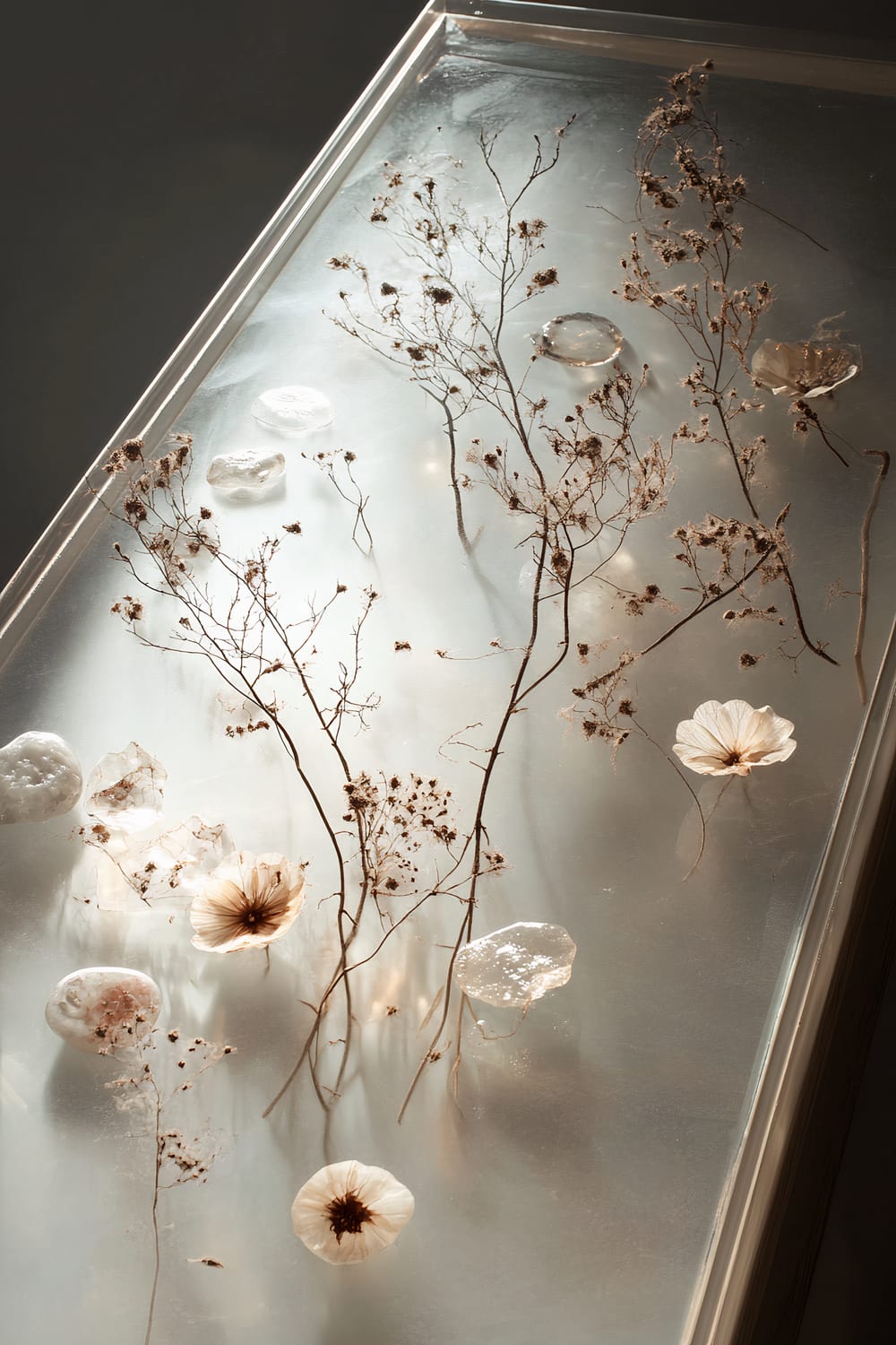 A clear resin tray embedded with neutral natural elements like small stones, twigs, and dried flowers. The tray is illuminated with soft, focused lighting that highlights the embedded textures, creating a serene visual effect.