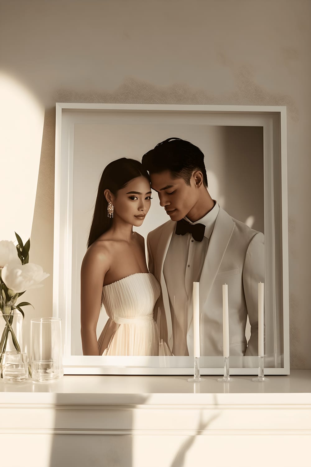 A portrait in a neutral white frame features a couple in formal attire. The frame sits on a white mantel, flanked by two small taper candles in clear glass holders. The soft glow of the candles enhances the elegant and clean aesthetic of the scene.