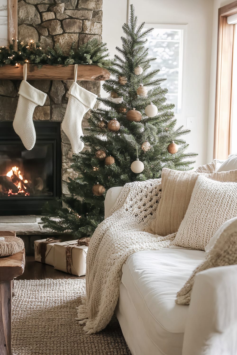 A warmly lit living room scene featuring a decorated Christmas tree, a stone fireplace with a wooden mantel, and a cozy seating area. Two white knit stockings hang from the mantel, with greenery and lights adding a festive touch. Wrapped gifts rest by the tree, and a white sofa is adorned with textured knit blankets and pillows.