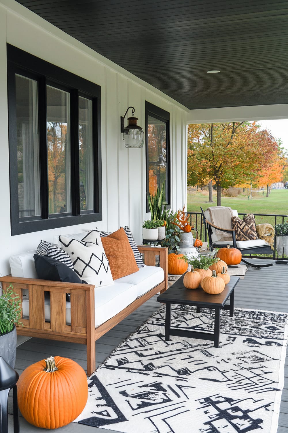 A charming outdoor covered porch with a white wooden sofa adorned with various patterned cushions in black, white, and orange tones. A black coffee table stands at the center, decorated with small orange pumpkins. The porch has a black ceiling and white walls with black-framed windows. A black and white geometric patterned rug is spread under the table and sofa. Additional seating is seen in the background, along with potted plants and more pumpkins, suggesting a fall theme.