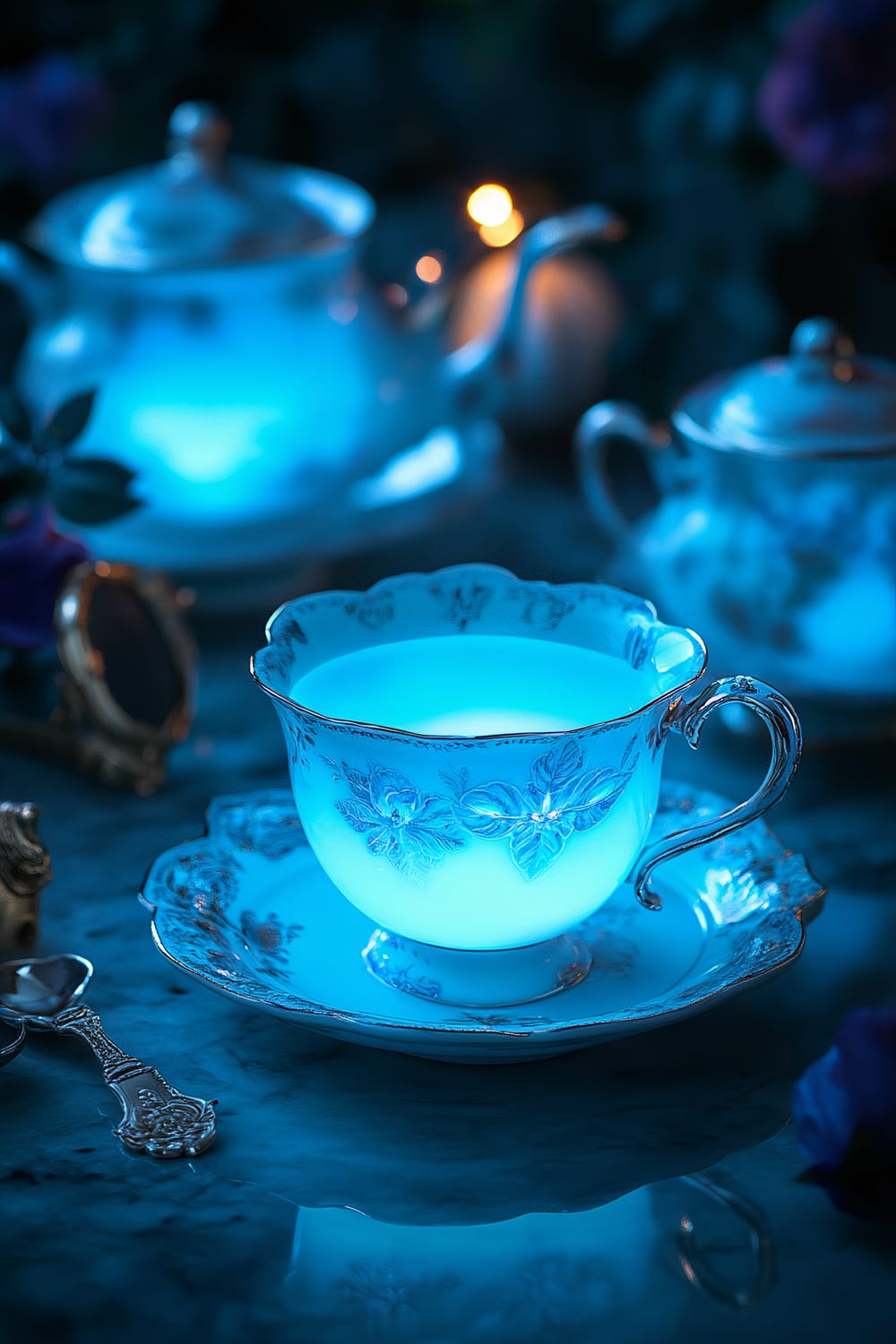 A close-up of an elegant porcelain teapot and cup set filled with glowing, luminescent liquid on a dark marble surface. The set is surrounded by dark floral accents and antique tea accessories, giving off a posh Halloween ambiance. The focus is on the glowing liquid within the intricately designed cup and saucer, with the teapot subtly visible in the background under dramatic lighting.