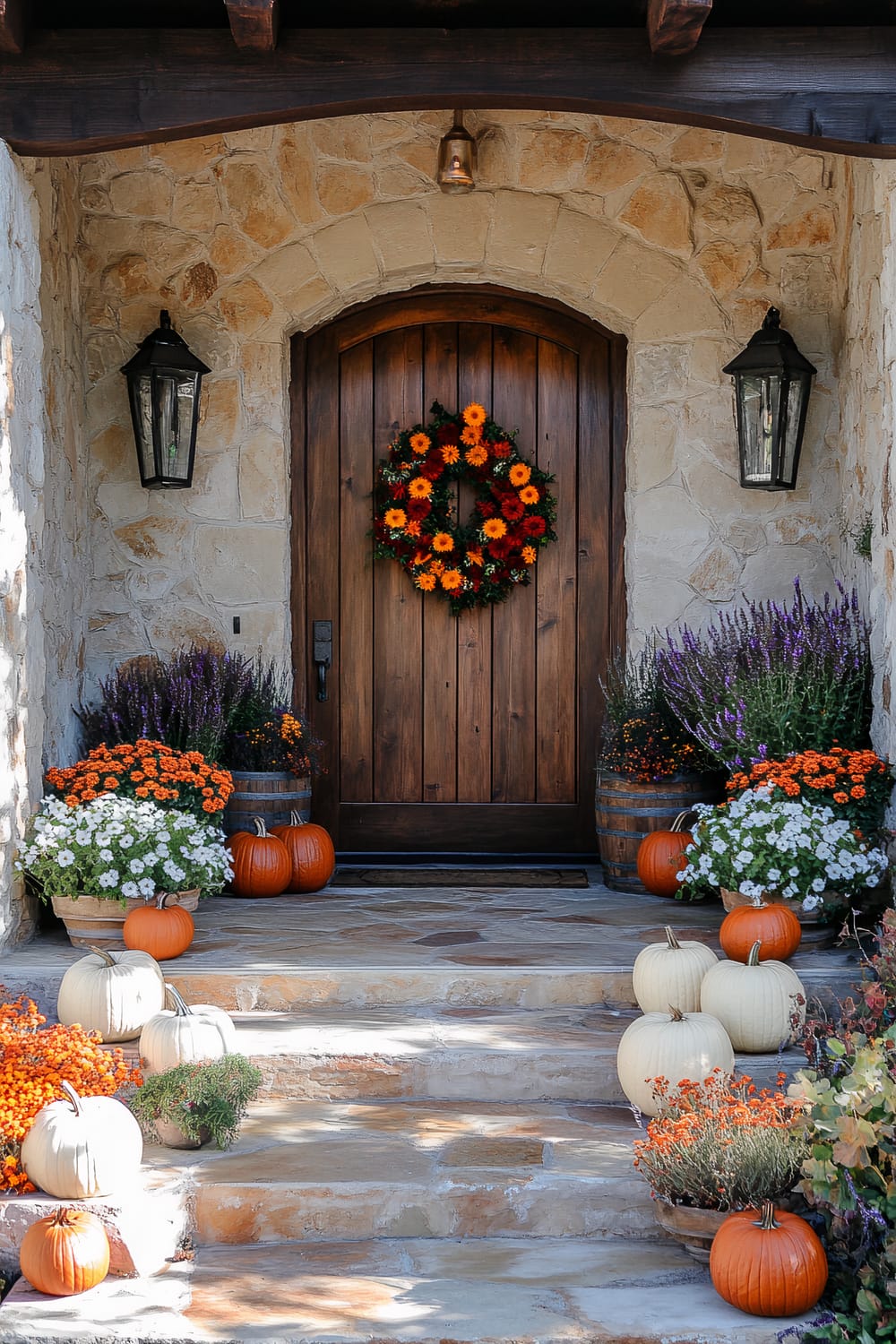 Entrance with a wooden door, decorated with a fall-themed wreath, surrounded by stone walls and a variety of pumpkins, chrysanthemums, and other potted plants.