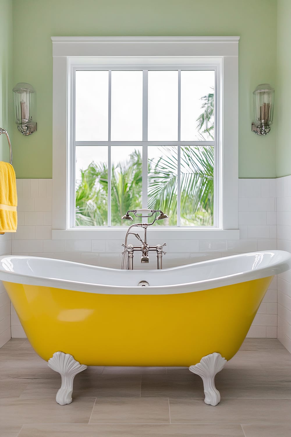 A bathroom with a bright yellow clawfoot bathtub positioned in front of a large window with a view of palm trees. The walls are painted a soft green color, with white wainscoting and a modern faucet. A yellow towel hangs on a chrome towel rack to the left of the bathtub, and sconces with glass shades flank the window.