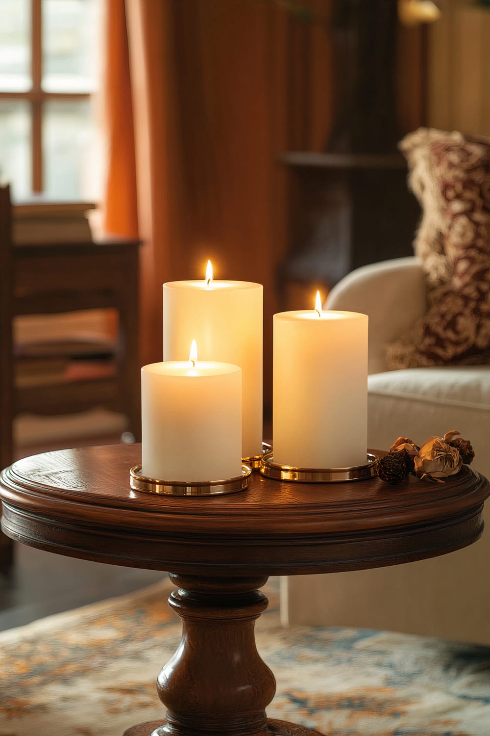 A trio of white candles with subtle gold accents arranged on a circular, classic wooden side table. The candles are lit, casting a warm and inviting glow. In the background, there is a blurred view of what appears to be a traditional living room with a cushioned chair, an intricately patterned pillow, and a wooden piece of furniture.