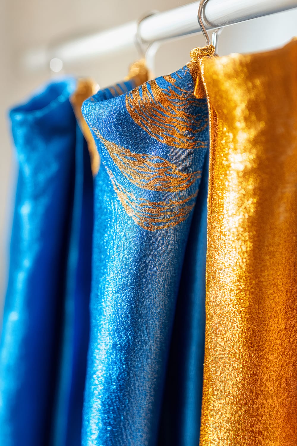 Close-up view of brightly colored kitchen towels in rich blue and shimmering gold hues, neatly hung on a white stainless steel rod. Dramatic side lighting casts intense highlights and deep shadows, emphasizing the vibrant tones of the towels against the clean white backdrop.