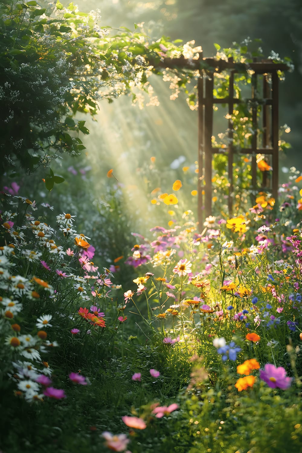 A charming small garden filled with various wildflowers in full bloom, surrounded by lush green grass. A rustic wooden trellis accents the scene, and warm sunlight filters through the overhead leaves.