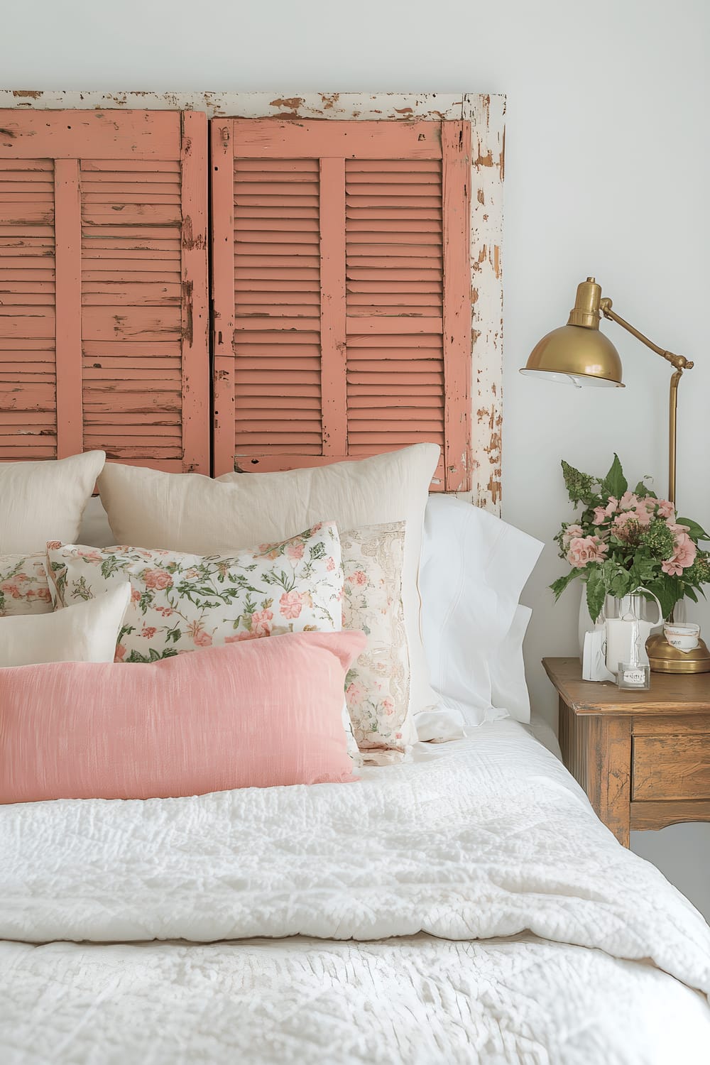 A bedroom scene featuring a sunset coral-colored wooden shutter repurposed as a headboard behind a bed with soft neutral bedding. Next to the bed, a bedside table holds a brass lamp.