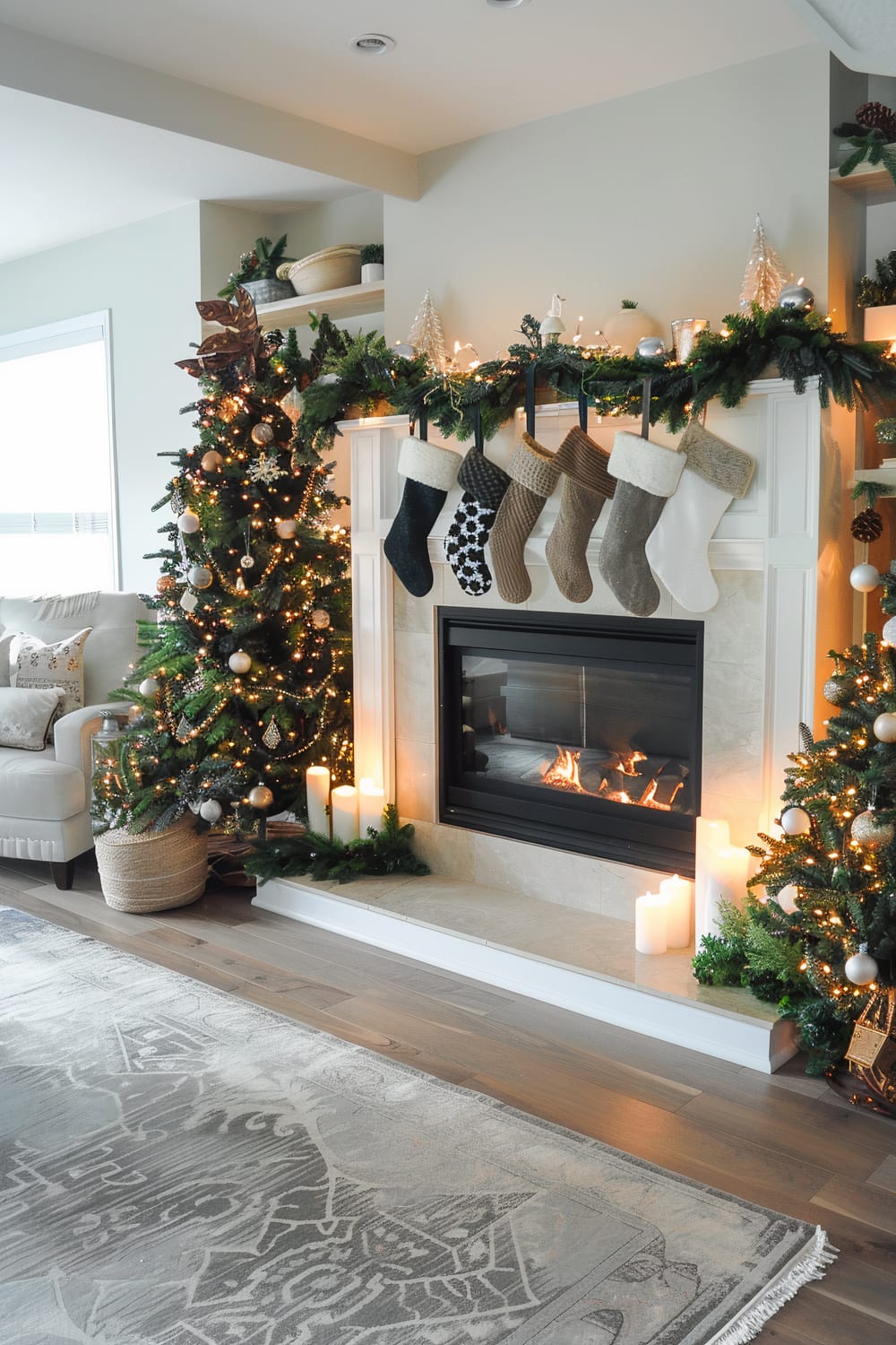 A living room scene featuring a festive Christmas setup. The central focus is a fireplace with five holiday stockings hanging from it. The mantel is adorned with evergreens, small lights, and decorations. Two decorated Christmas trees with ornaments, lights, and a garland stand on either side of the fireplace. White pillar candles are placed near the hearth. In the foreground, a beige and gray area rug is spread out over the wooden floor. To the left, a comfortable chair with a cushion is partially visible.