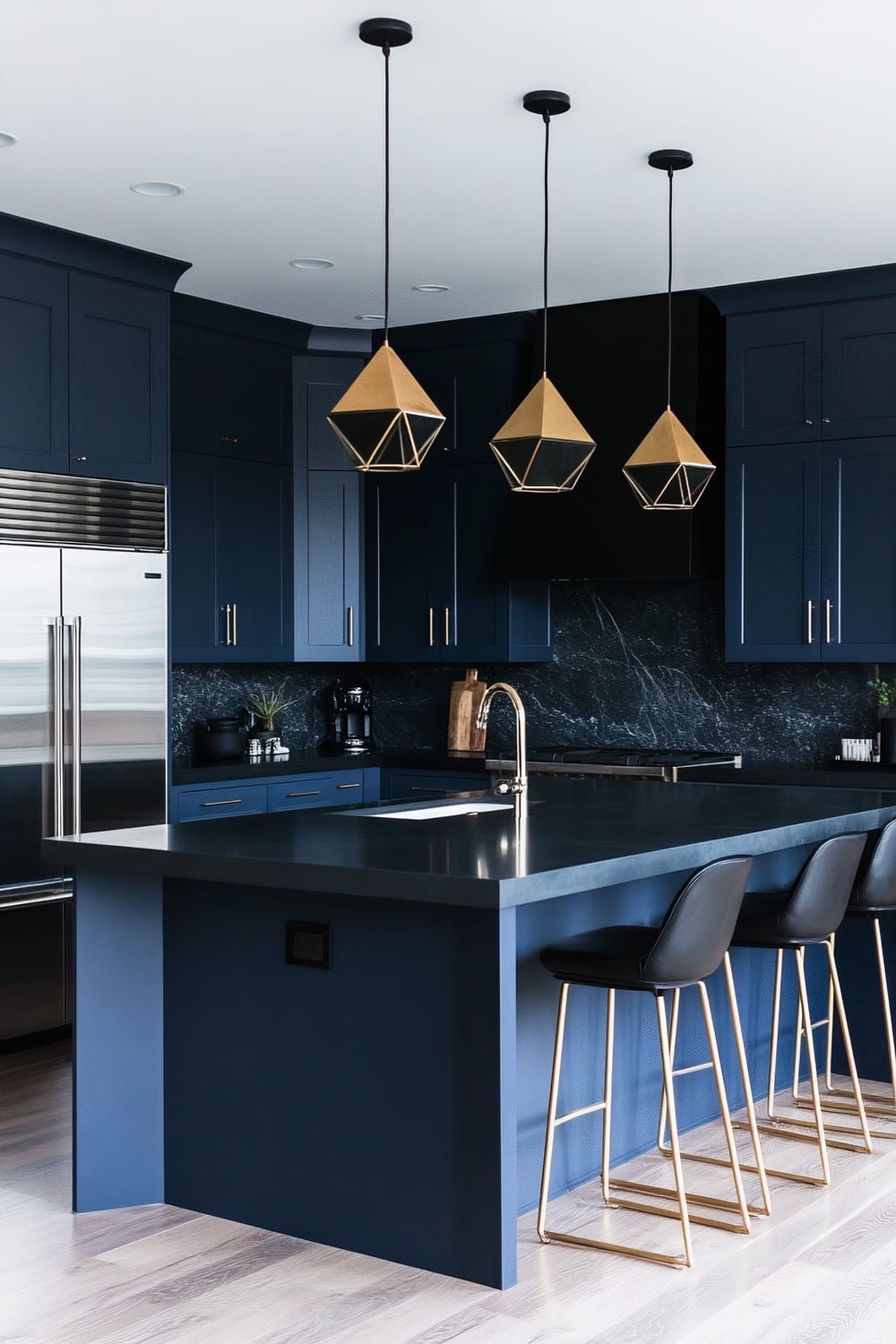 This image depicts a modern kitchen with a sleek design. The cabinetry is a rich navy blue. Above the large island, three geometric pendant lights with golden frames hang, offering a contrasting yet harmonious touch. The island features a dark countertop and is accompanied by black bar stools with gold legs. Stainless steel appliances, including a double-door refrigerator, are incorporated seamlessly. The backsplash and countertops are a dark marble, adding to the sophisticated and sleek aesthetic.