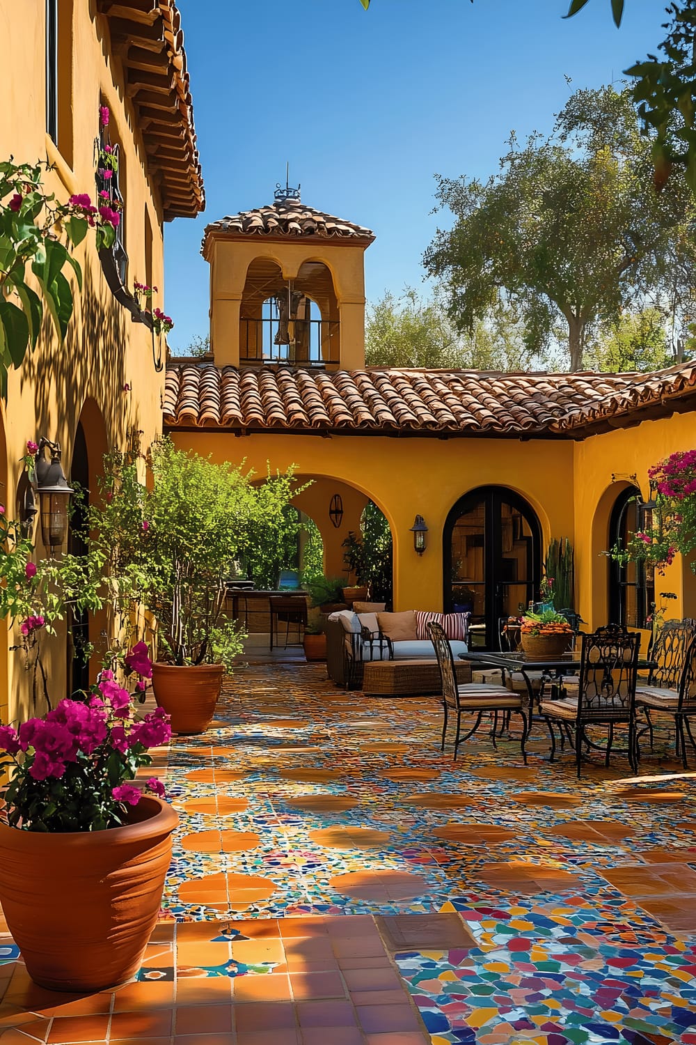 A vibrant Spanish hacienda-inspired backyard viewed from a front perspective during bright daylight. The ground and walls are adorned with colorful decorative tiles arranged in intricate patterns. Blooming bougainvillea and citrus trees are placed in terracotta pots, adding lively splashes of color. Wrought iron furniture with plush cushions provide seating under a shaded pergola. A central water feature with identical tile patterns as the ground and walls adds to the active environment.