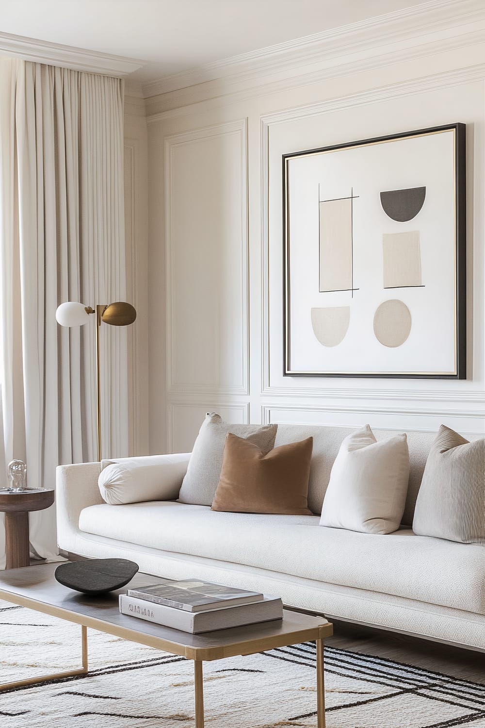 A sophisticated living room featuring a minimalist white couch adorned with a mixture of beige and light brown throw pillows. A modern art piece with geometric shapes in neutral tones is prominently displayed on the wall above the couch. To the left of the couch, a sleek floor lamp with a brass stem and two white spherical bulbs provides accent lighting. At the side, there is a small wooden table with a bulb-shaped ornament. A rectangular coffee table with a golden frame holds books and a dark, bowl-shaped decorative object. The room is softly illuminated by natural light streaming through light beige curtains that hang from the ceiling to the floor. The interior is characterized by a subtle and elegant color palette and clean lines, creating a serene and uncluttered ambiance.