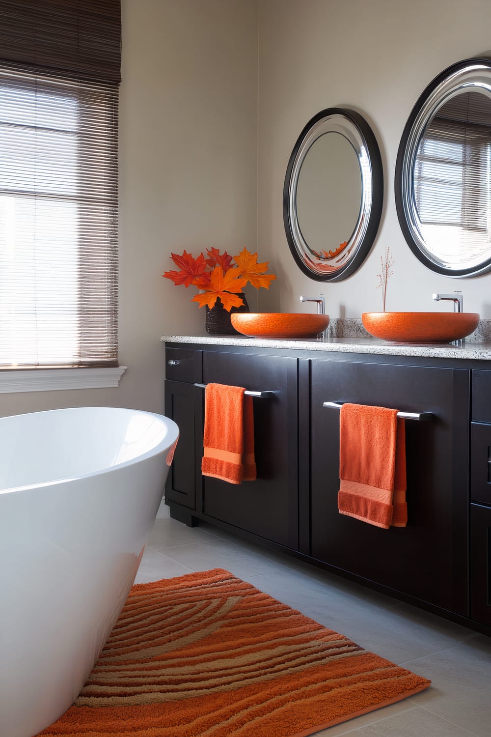 A modern bathroom featuring a freestanding white bathtub, a dark brown double-sink vanity with granite countertop, two round mirrors above the sinks, and orange decorative elements including towel sets, a decorative plant, and bowls on the vanity. A textured orange rug complements the design.