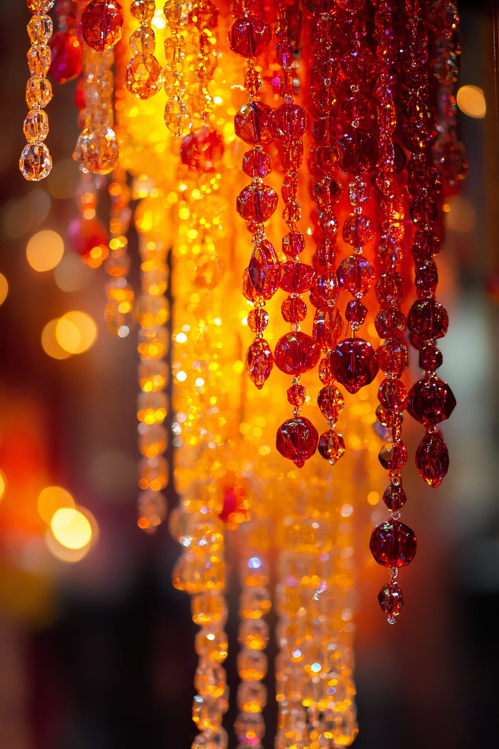 A luxurious chandelier made entirely of beads, featuring cascading strands of bright orange, yellow, and crimson glass beads. The light reflects beautifully off each bead, creating a vibrant, warm atmosphere in the room.